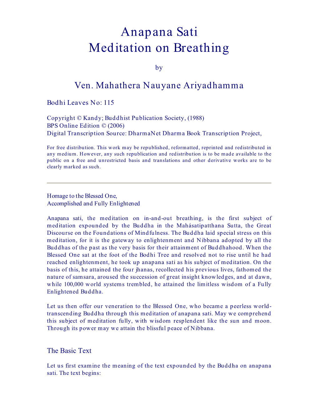 Anapana Sati Meditation on Breathing