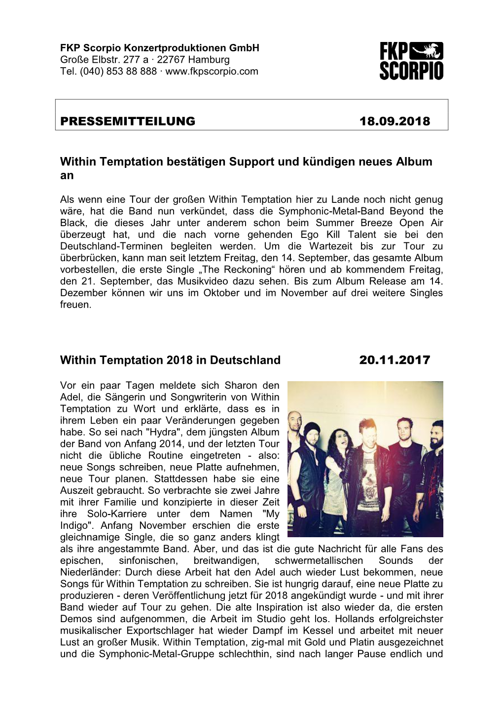 PRESSEMITTEILUNG 18.09.2018 Within Temptation Bestätigen