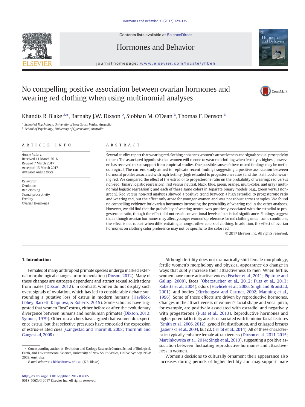 No Compelling Positive Association Between Ovarian Hormones and Wearing Red Clothing When Using Multinomial Analyses