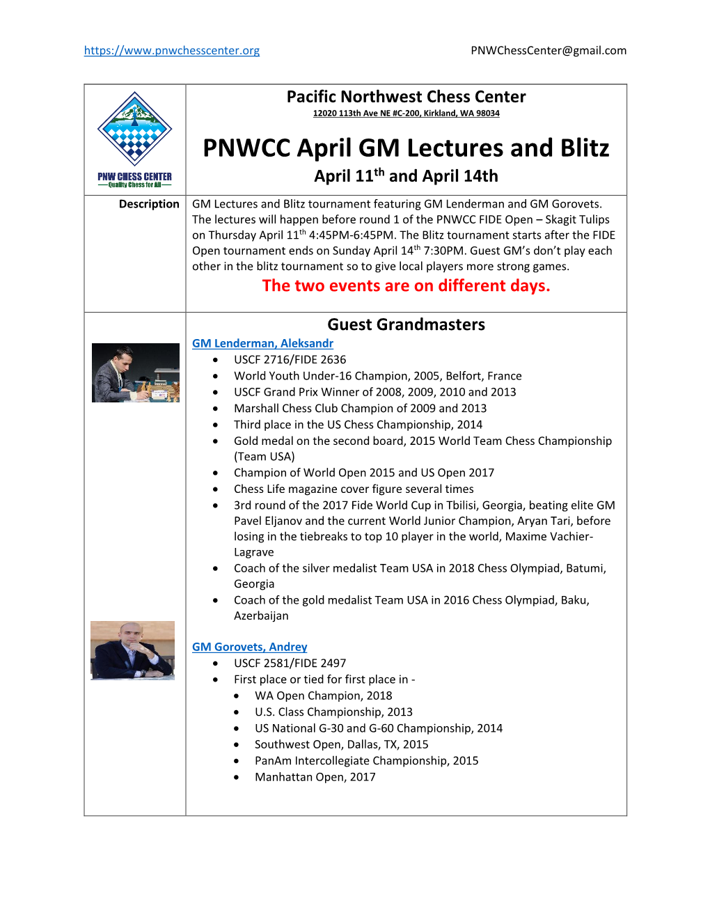 PNWCC GM Lectures + Blitz with GM Lenderman and GM Gorovets