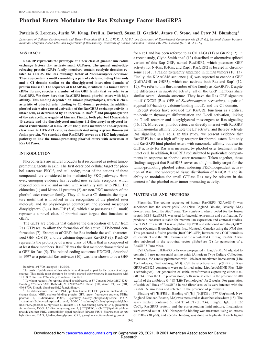 Phorbol Esters Modulate the Ras Exchange Factor Rasgrp3