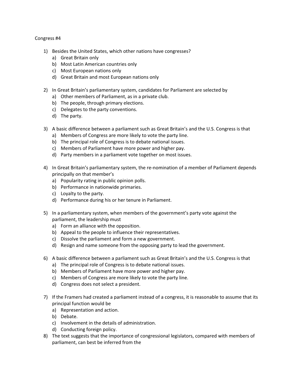 1) Besides the United States, Which Other Nations Have Congresses?