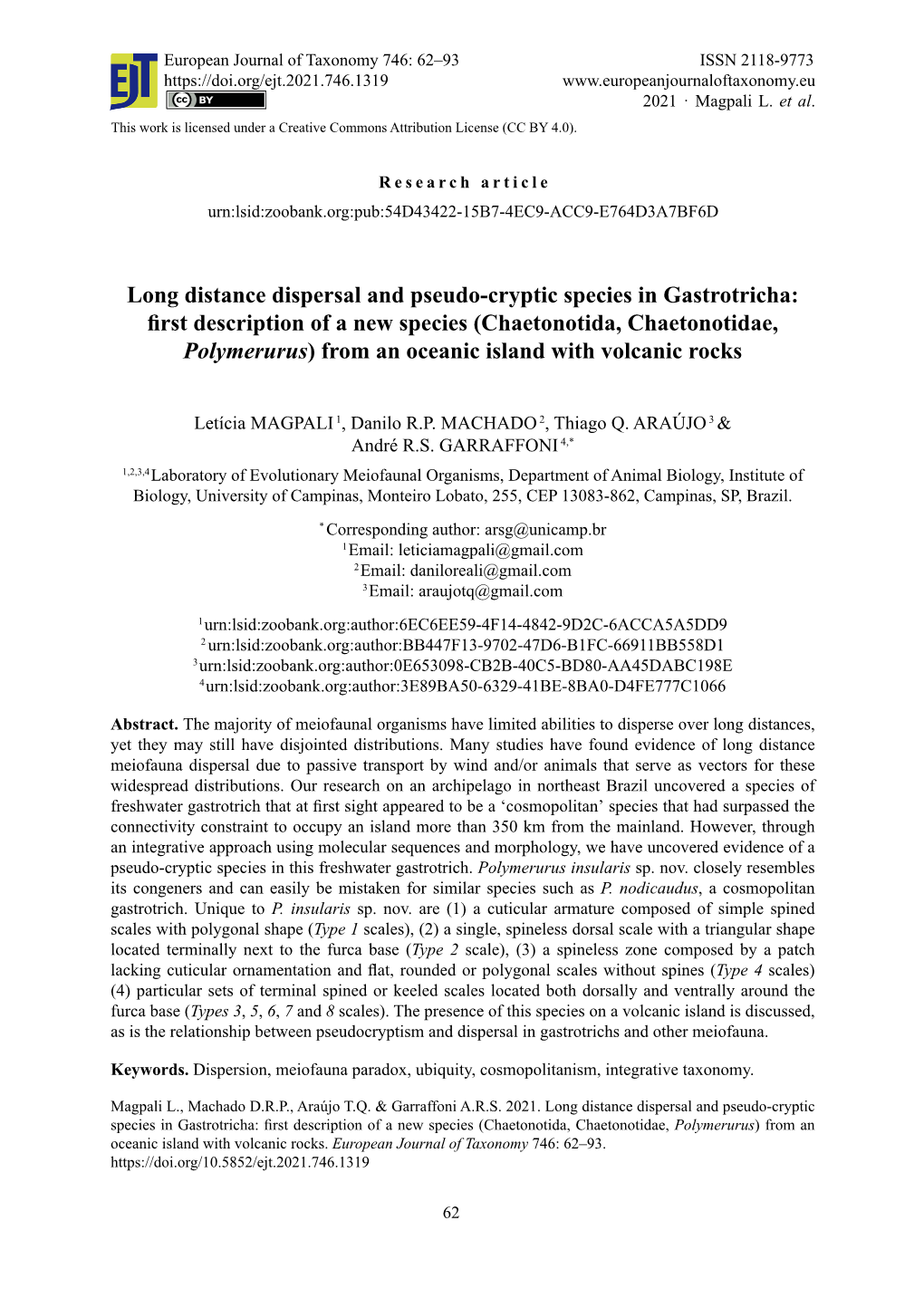 Long Distance Dispersal and Pseudo-Cryptic Species in Gastrotricha