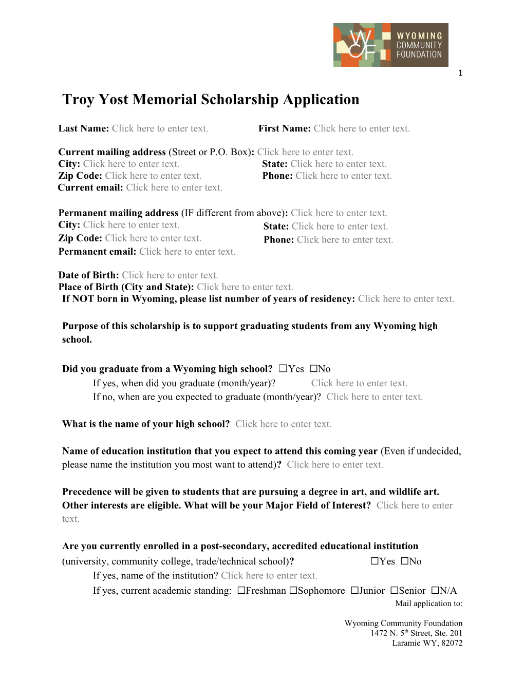 Troy Yost Memorial Scholarship Application