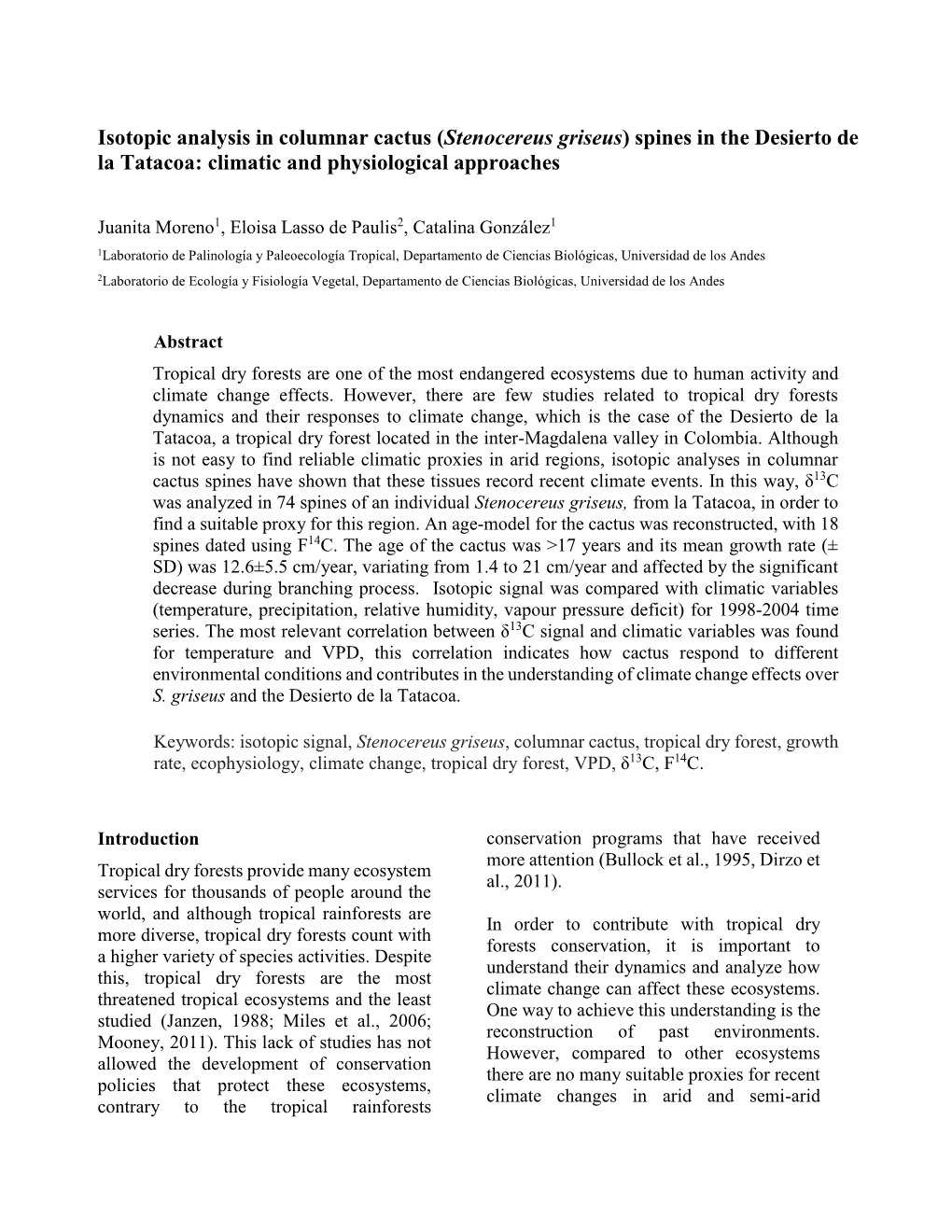 Isotopic Analysis in Columnar Cactus (Stenocereus Griseus) Spines in the Desierto De La Tatacoa: Climatic and Physiological Approaches