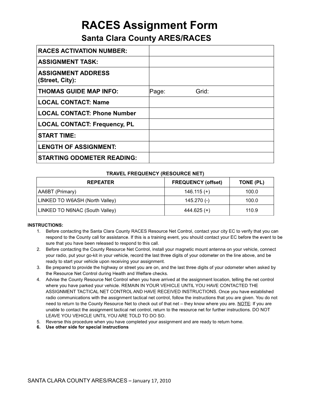 RACES Assignment Form