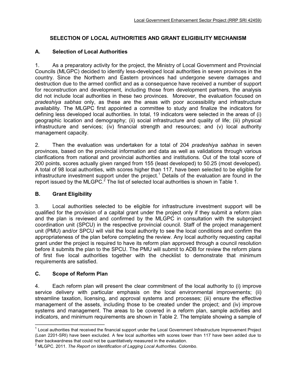 Selection of Local Authorities and Grant Eligibility Mechanism