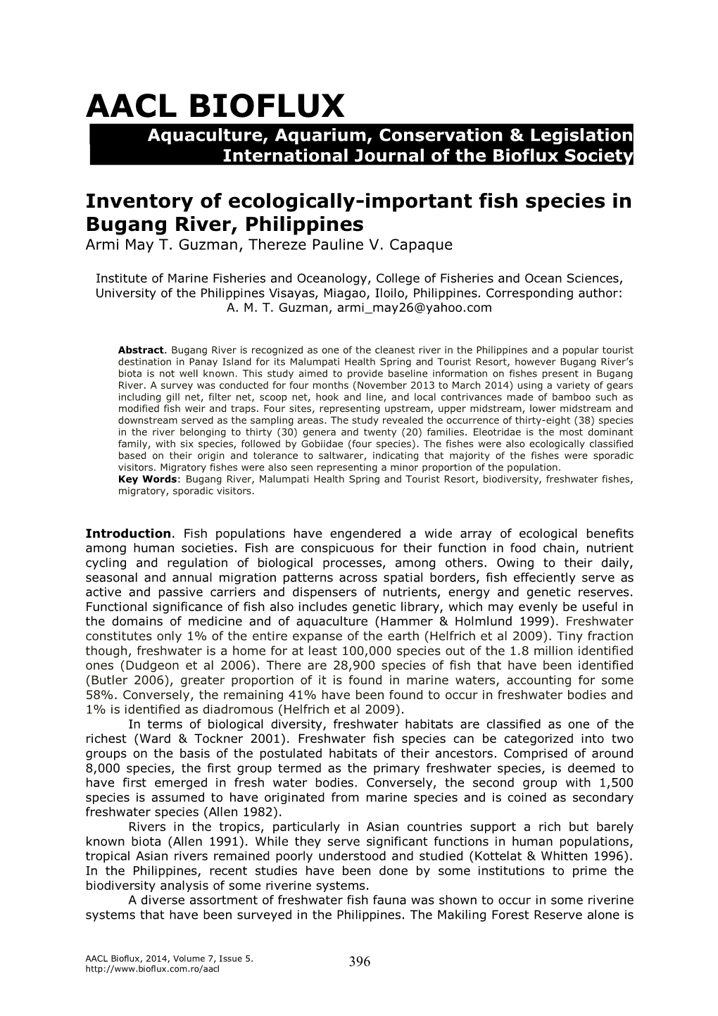 Inventory of Ecologically-Important Fish Species in Bugang River, Philippines Armi May T