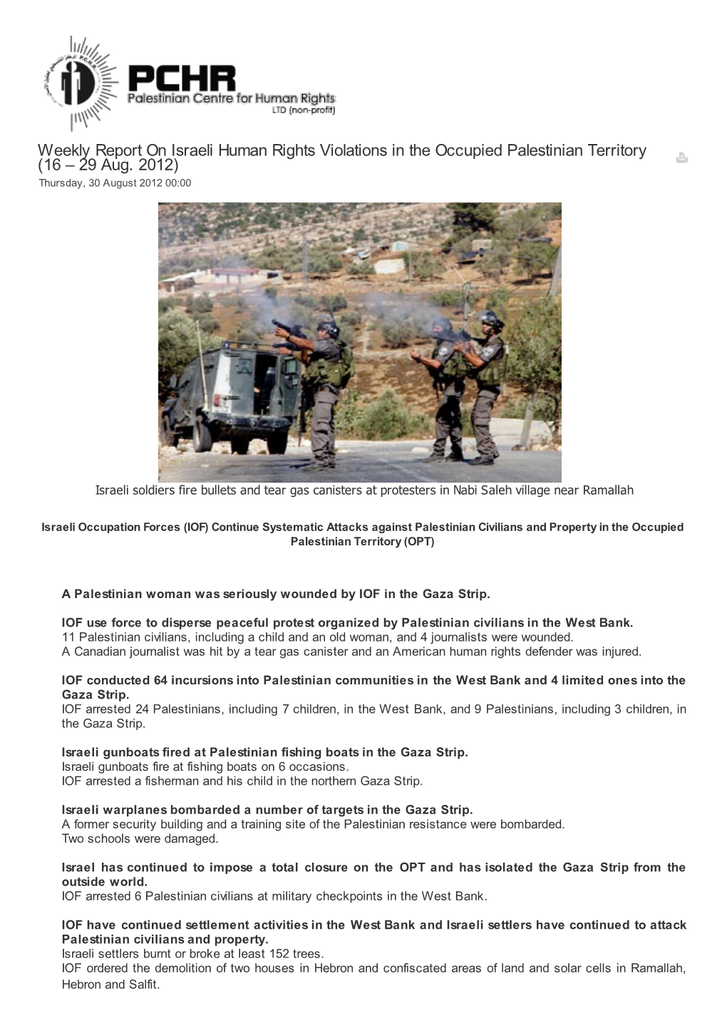 Weekly Report on Israeli Human Rights Violations in the Occupied Palestinian Territory (16 – 29 Aug