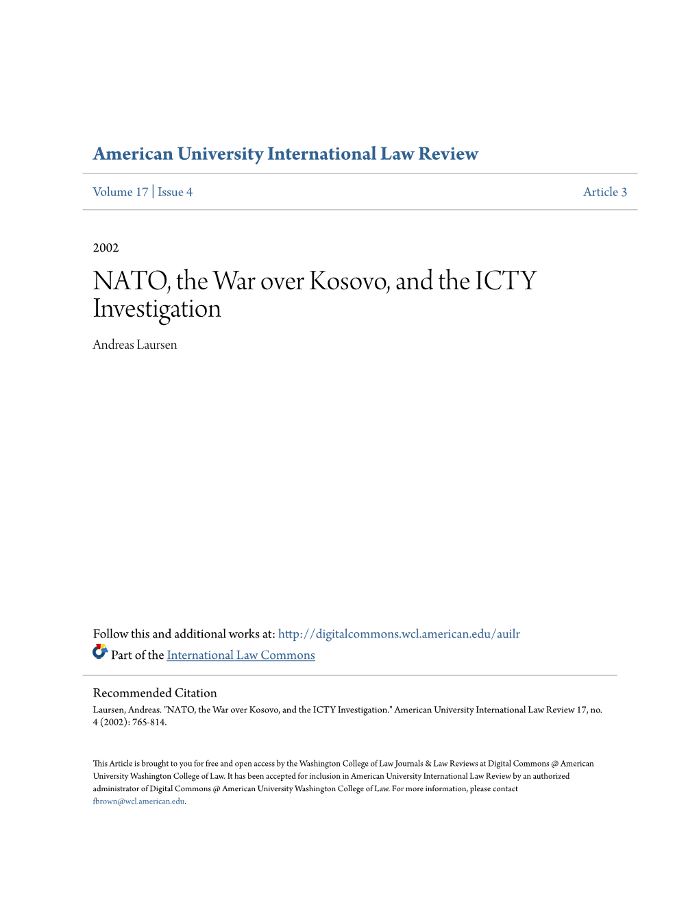 NATO, the War Over Kosovo, and the ICTY Investigation Andreas Laursen