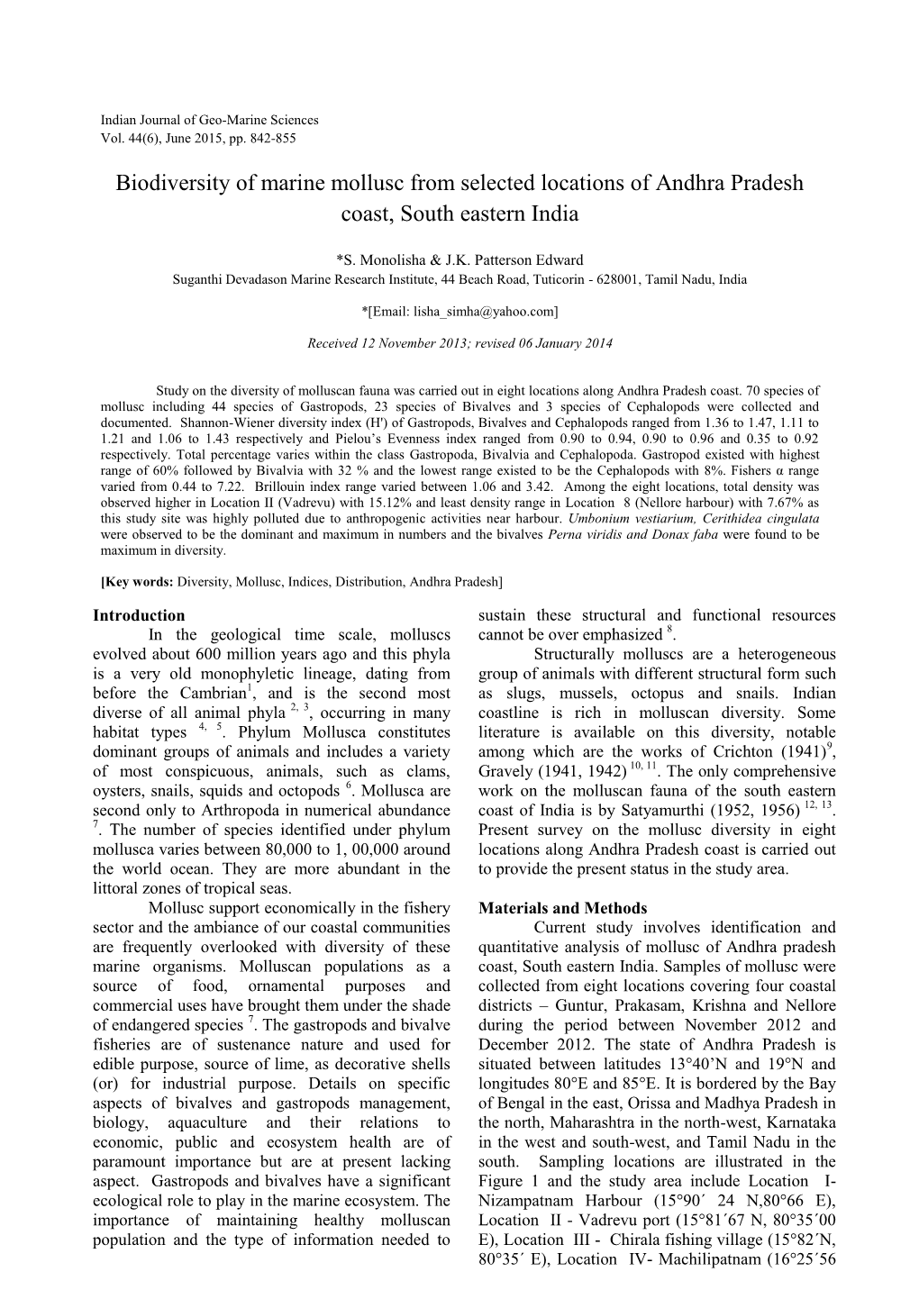 Biodiversity of Marine Mollusc from Selected Locations of Andhra Pradesh Coast, South Eastern India