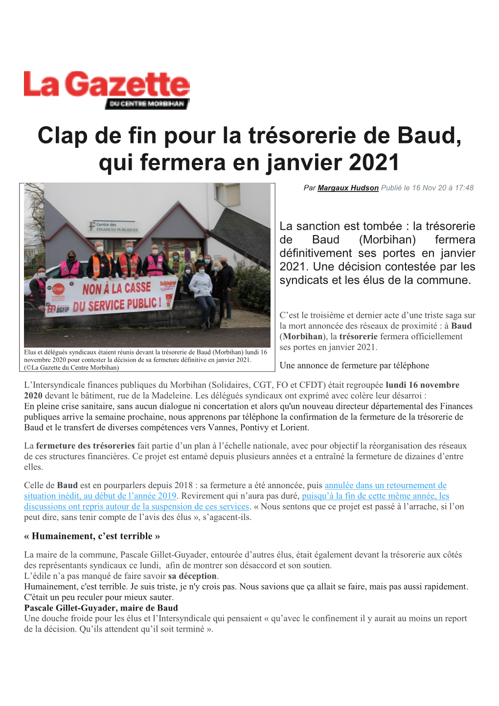 Clap De Fin Pour La Trésorerie De Baud, Qui Fermera En Janvier 2021