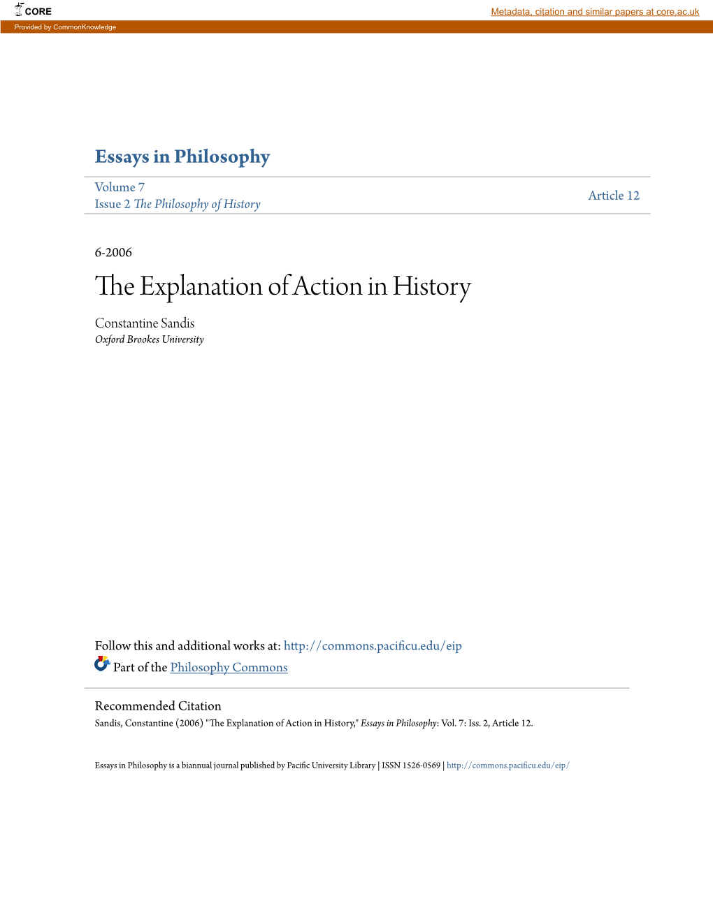 The Explanation of Action in History Constantine Sandis Oxford Brookes University