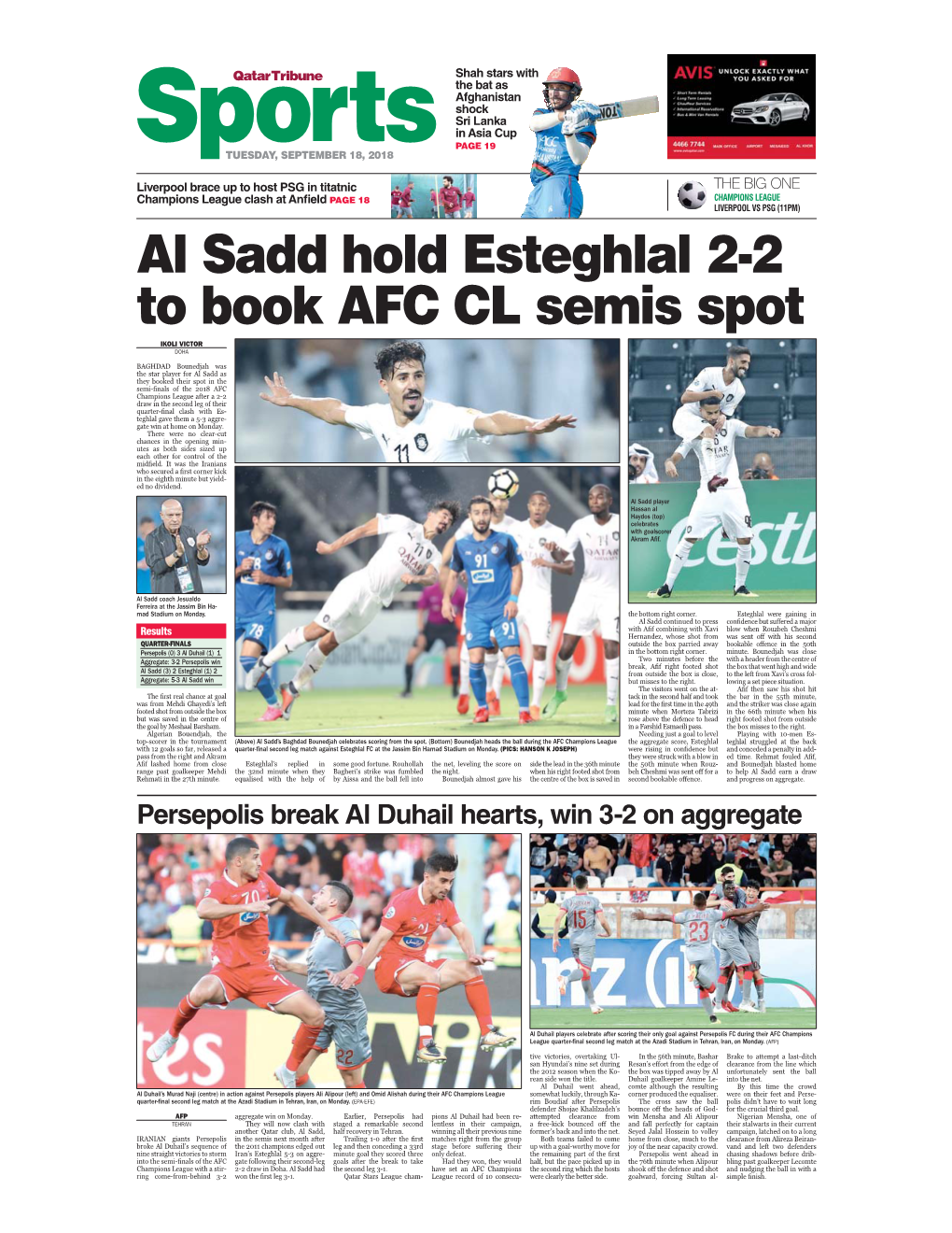 Al Sadd Hold Esteghlal 2-2 to Book AFC CL Semis Spot IKOLI VICTOR DOHA