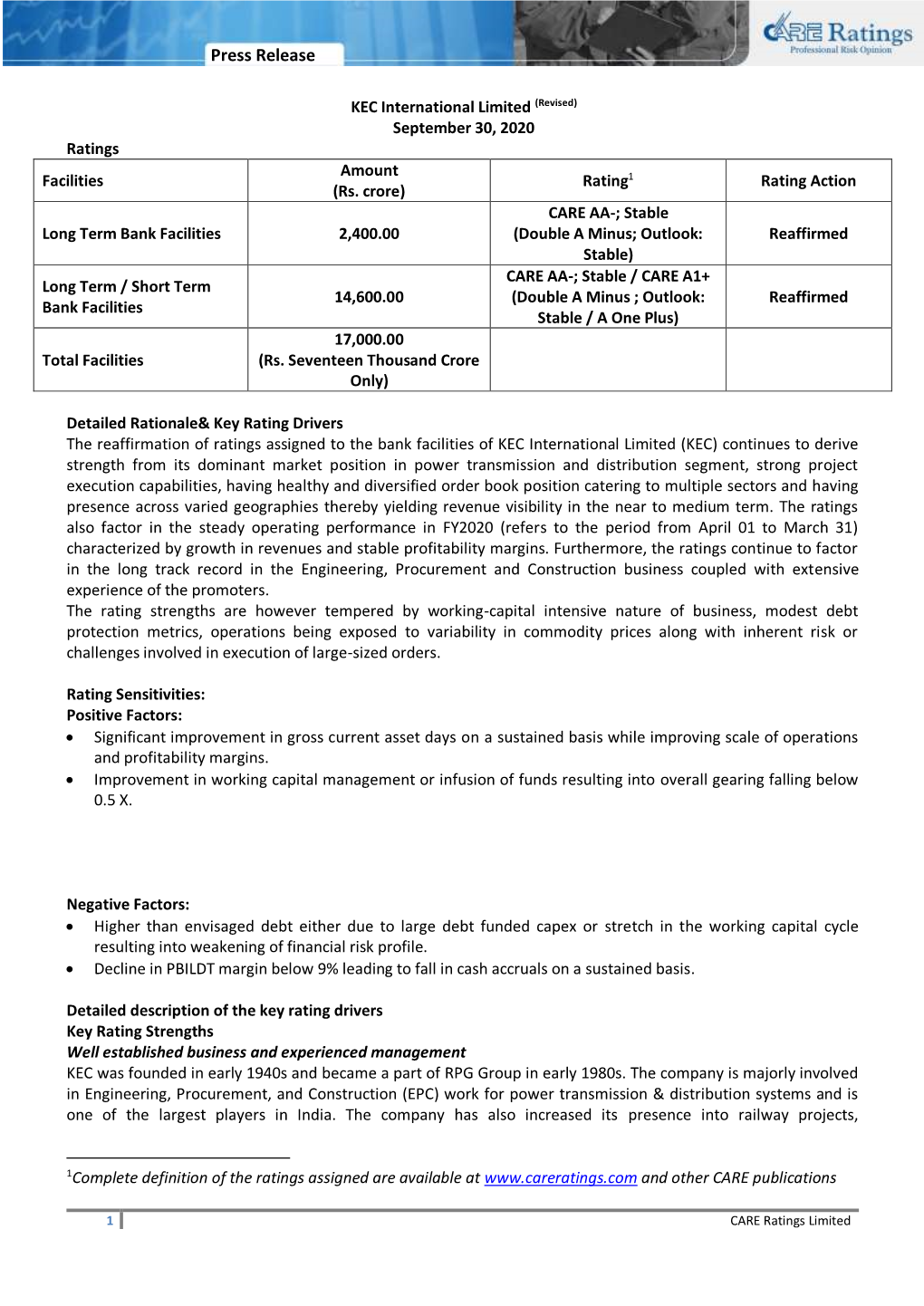 KEC International Limited (Revised) September 30, 2020 Ratings Amount Facilities Rating1 Rating Action (Rs