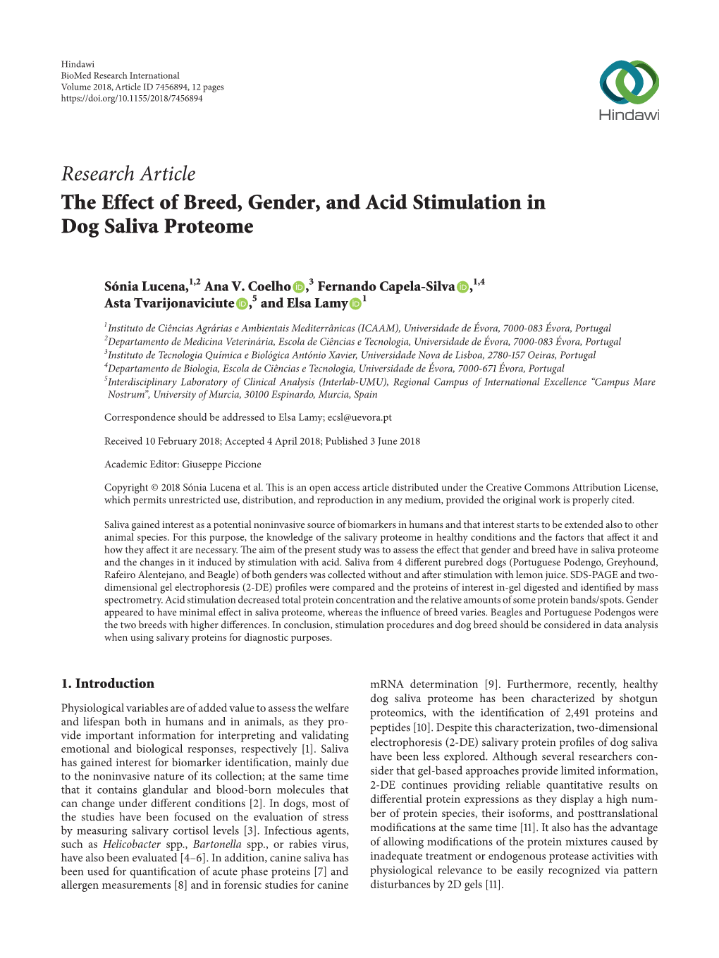 Research Article the Effect of Breed, Gender, and Acid Stimulation in Dog Saliva Proteome