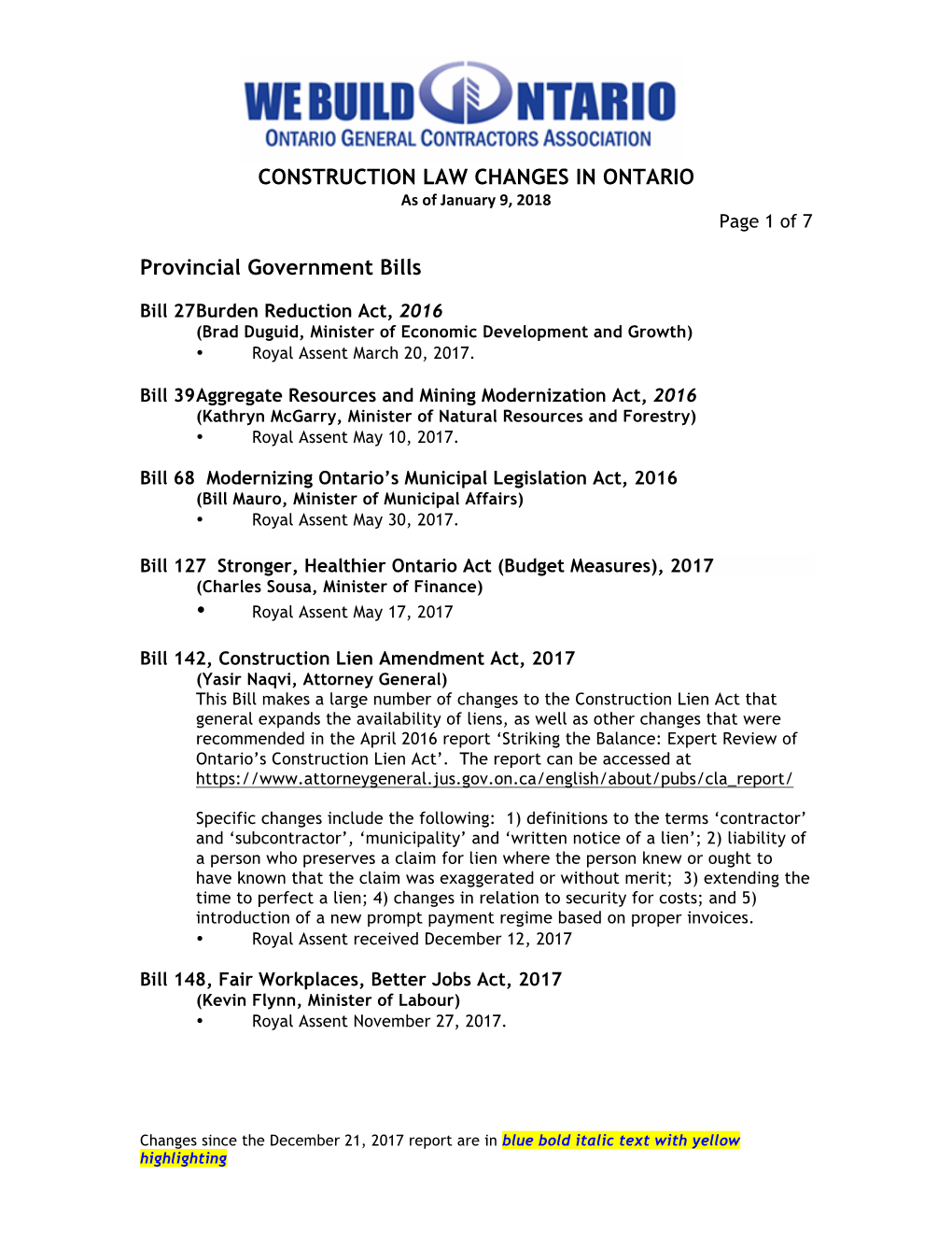 CONSTRUCTION LAW CHANGES in ONTARIO Provincial