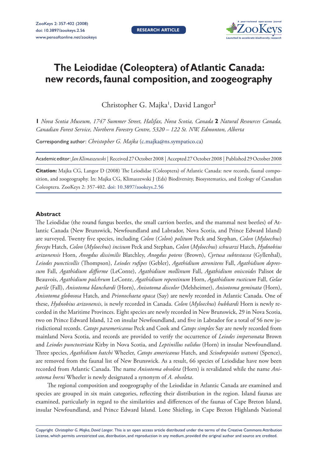 The Leiodidae (Coleoptera) of Atlantic Canada: New Records, Faunal Composition, and Zoogeography