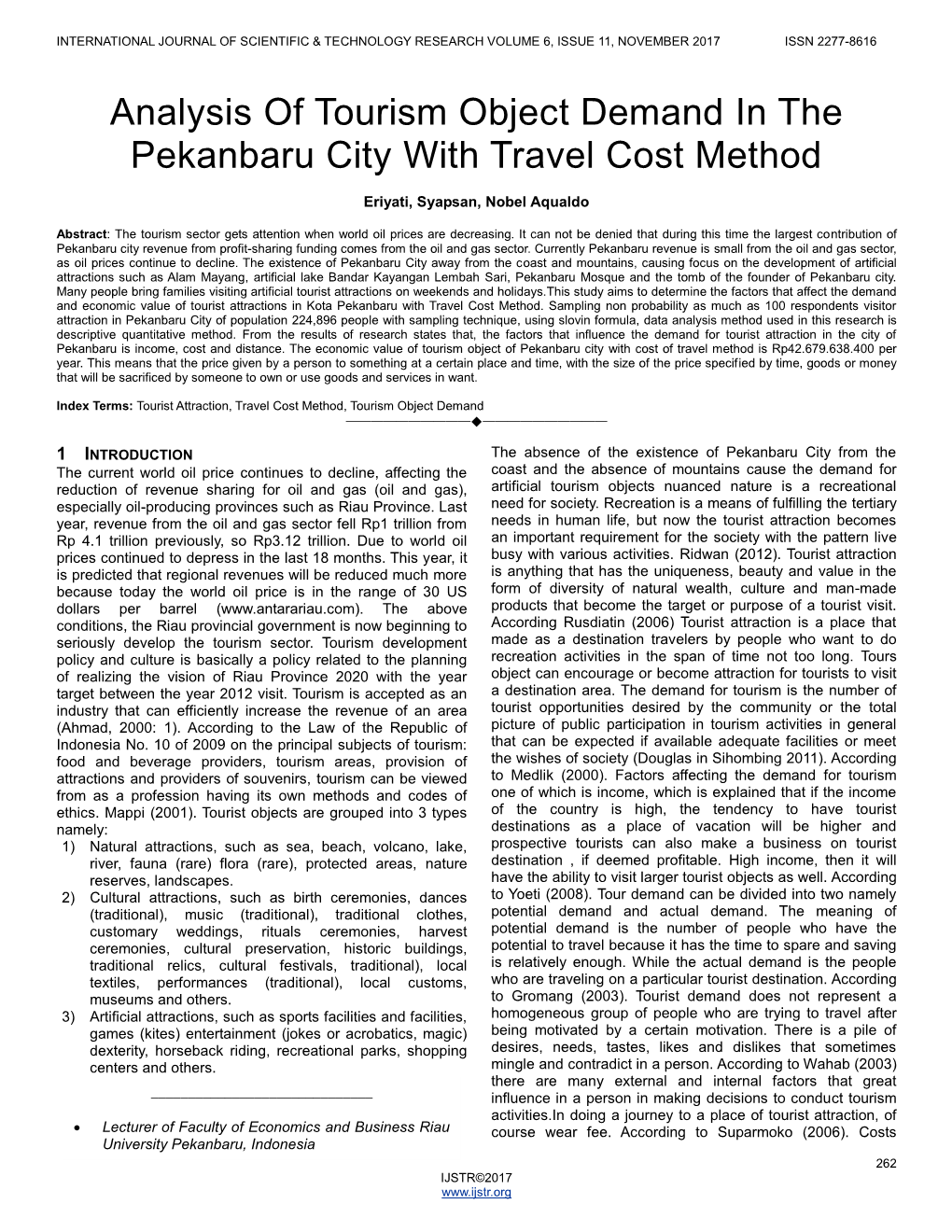 Analysis of Tourism Object Demand in the Pekanbaru City with Travel Cost Method
