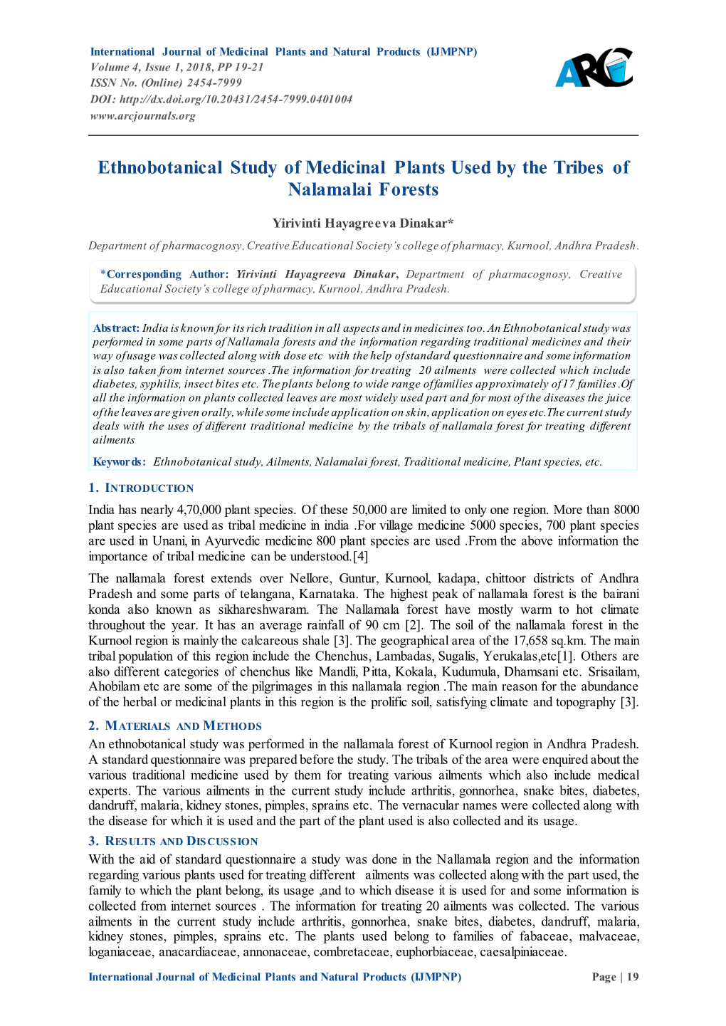 Ethnobotanical Study of Medicinal Plants Used by the Tribes of Nalamalai Forests