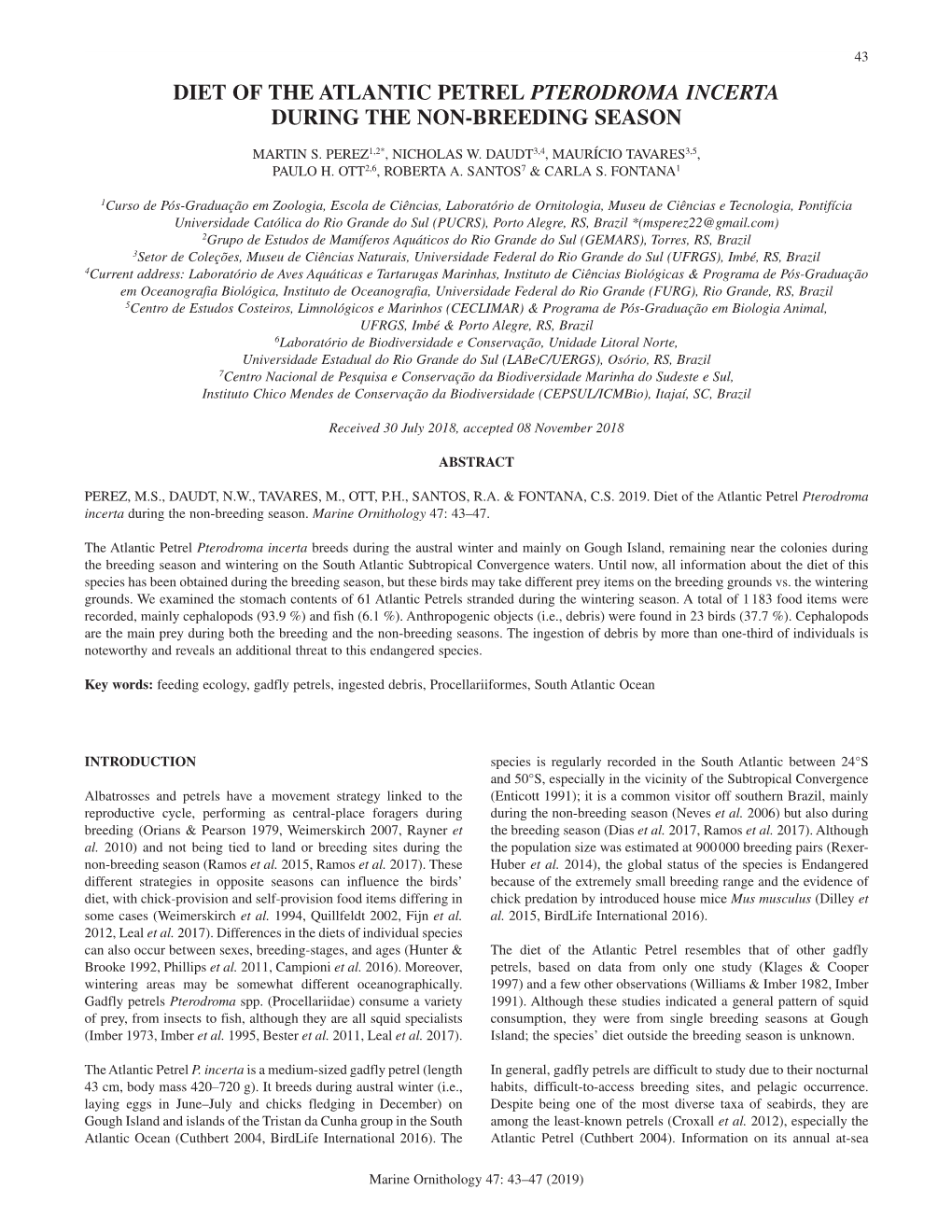 Diet of the Atlantic Petrel Pterodroma Incerta During the Non-Breeding Season