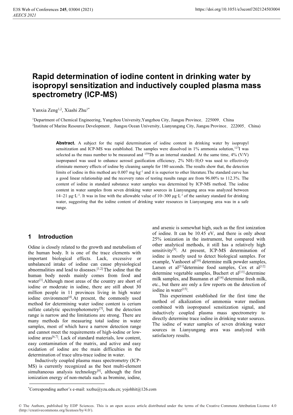 Rapid Determination of Iodine Content in Drinking Water by Isopropyl Sensitization and Inductively Coupled Plasma Mass Spectrometry (ICP-MS)