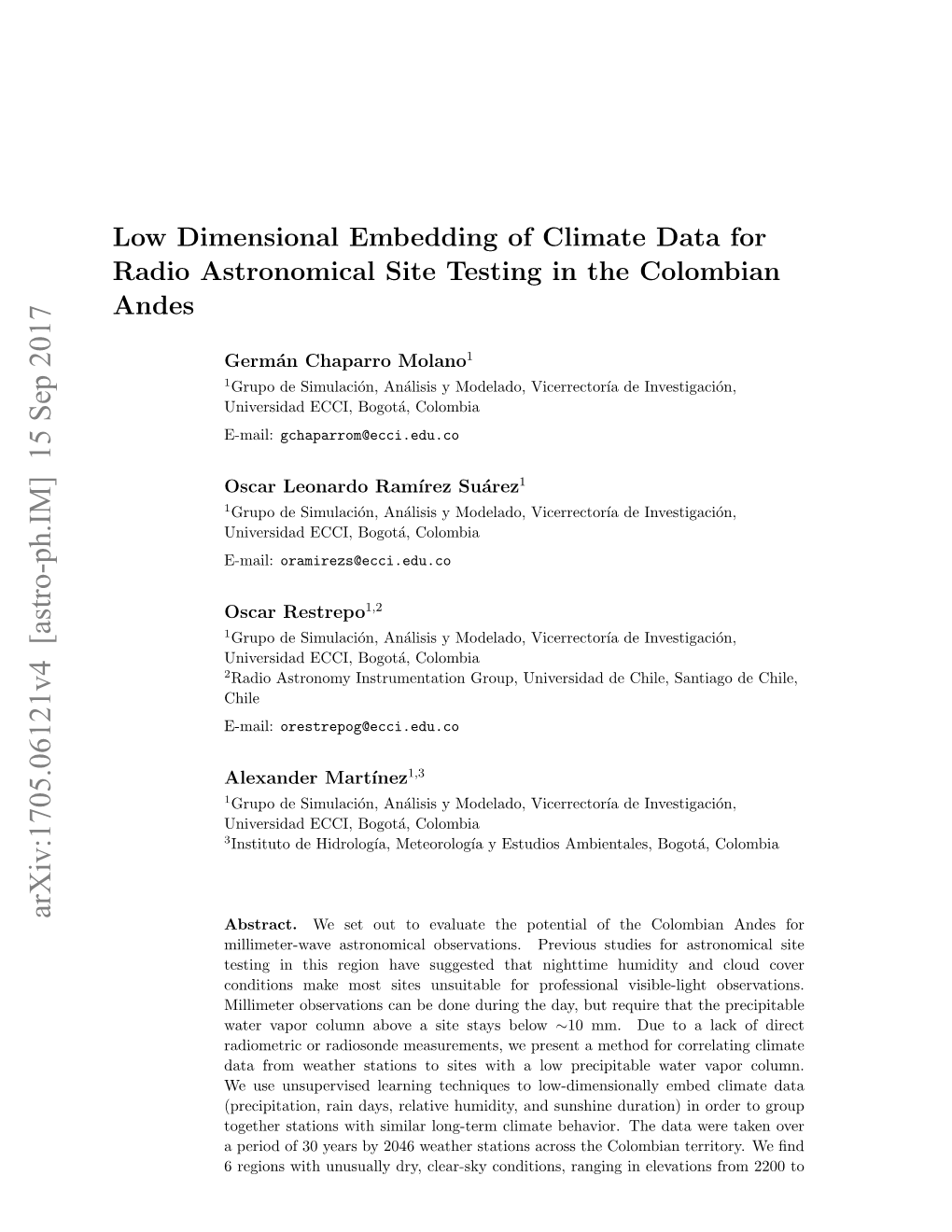 Low Dimensional Embedding of Climate Data for Radio Astronomical Site Testing in the Colombian Andes