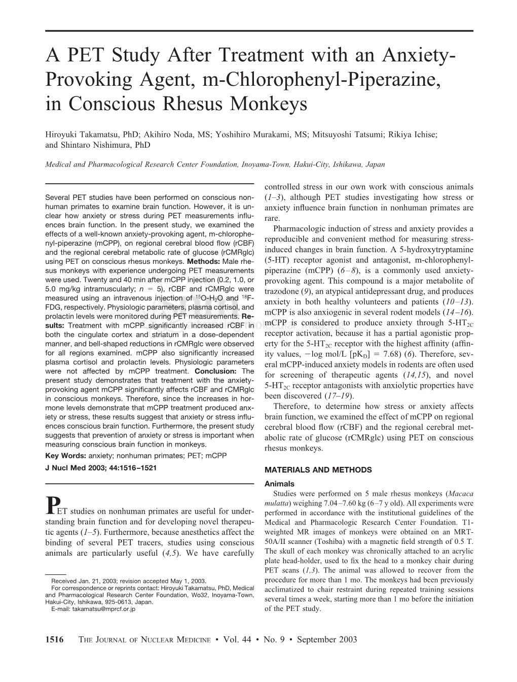 A PET Study After Treatment with an Anxiety- Provoking Agent, M-Chlorophenyl-Piperazine, in Conscious Rhesus Monkeys