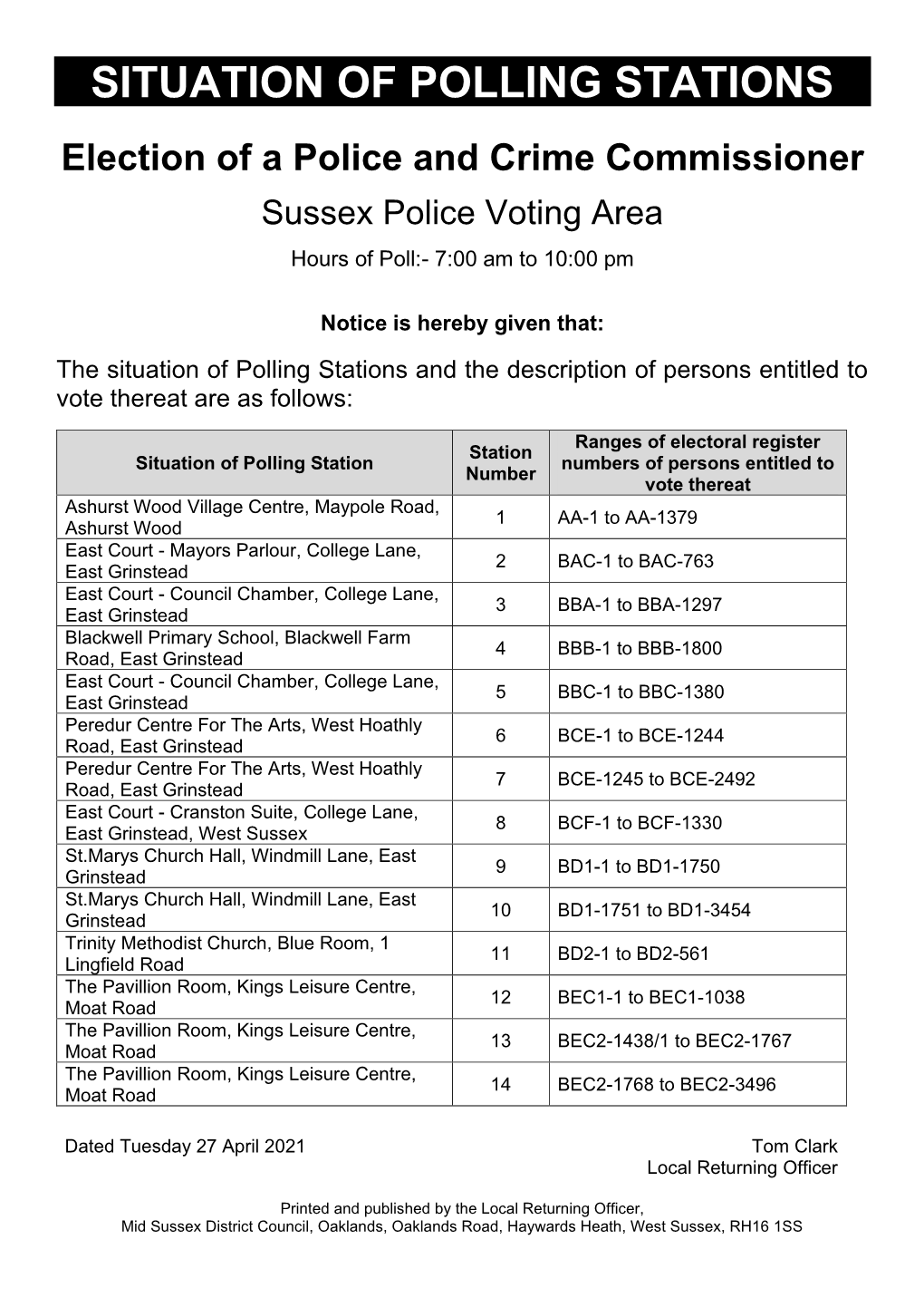 Election of a Police and Crime Commissioner