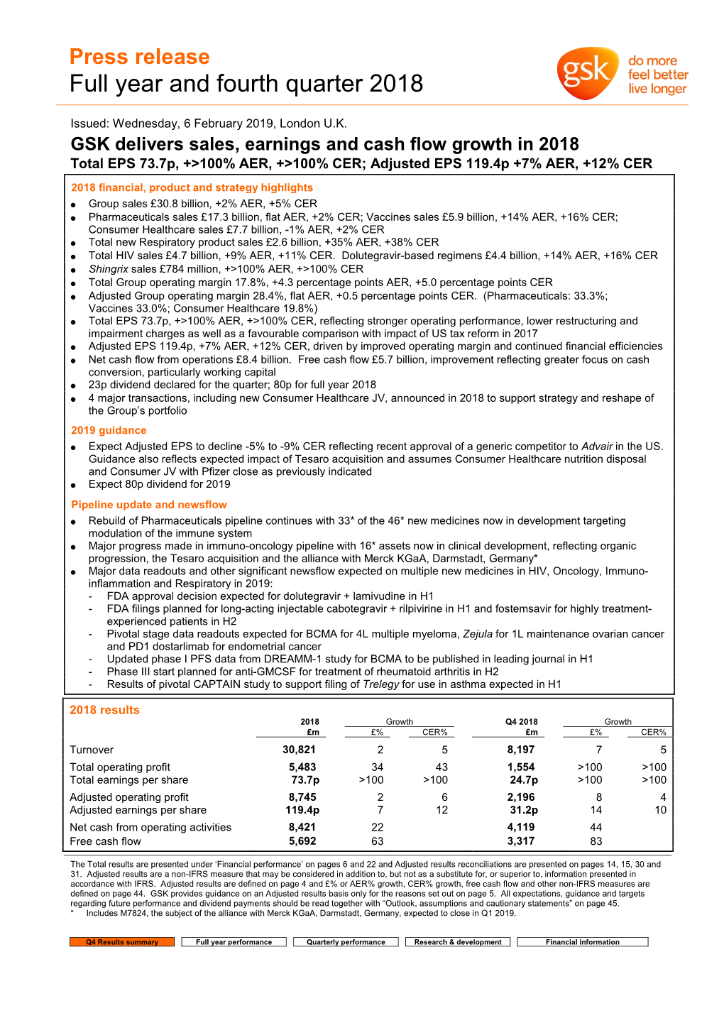 Press Release Full Year and Fourth Quarter 2018