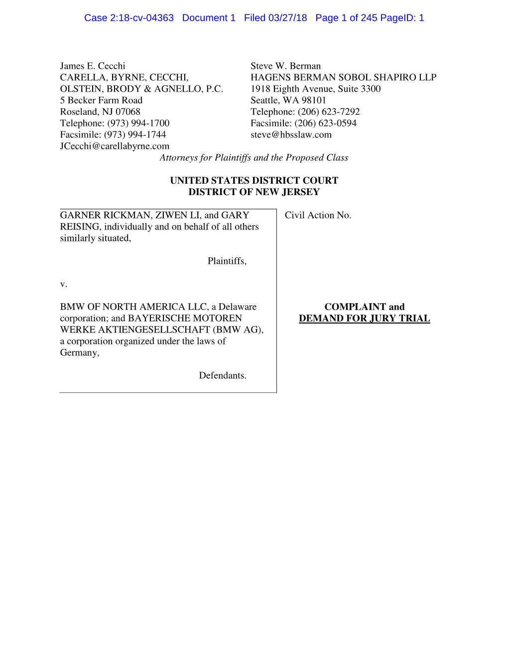 Case 2:18-Cv-04363 Document 1 Filed 03/27/18 Page 1 of 245 Pageid: 1