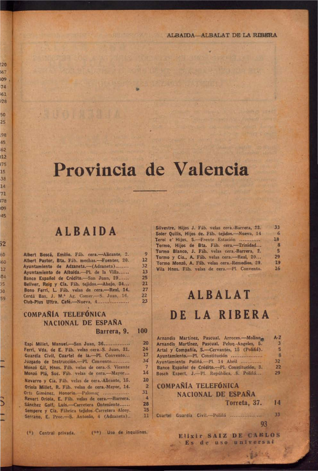 Lista De Abonados Al Telélefono Valencia 1932