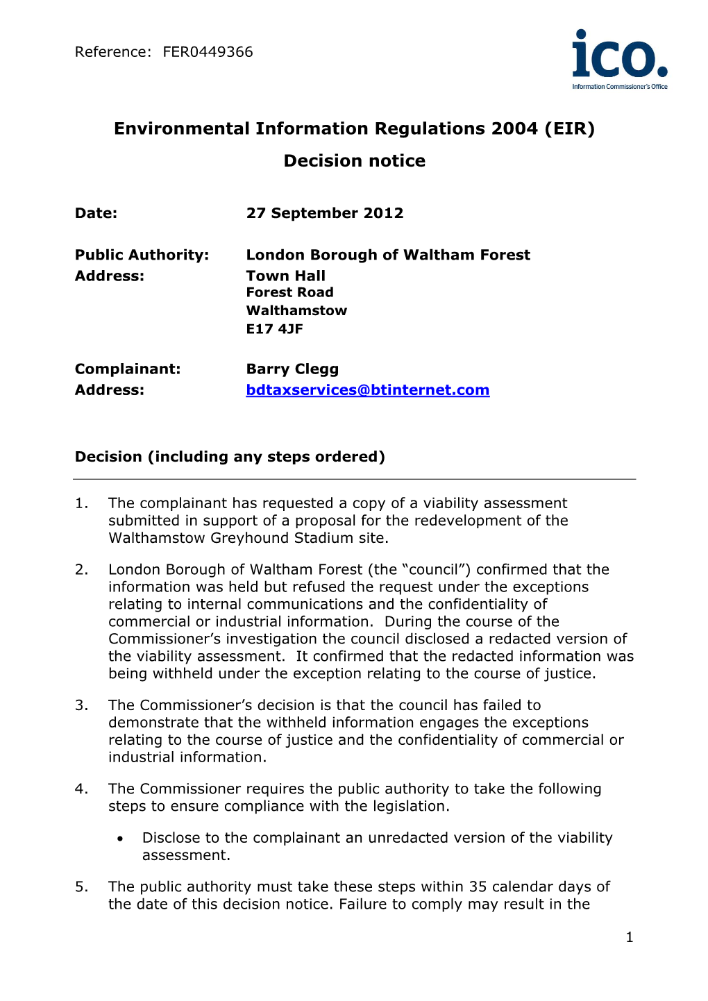 Environmental Information Regulations 2004 (EIR) Decision Notice
