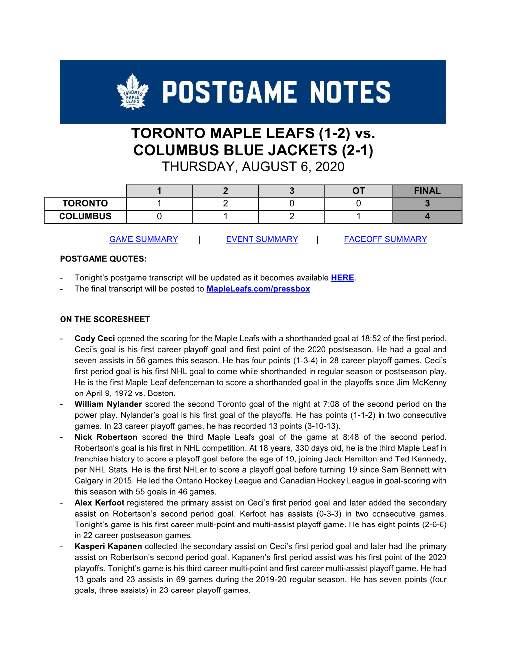 TORONTO MAPLE LEAFS (1-2) Vs. COLUMBUS BLUE JACKETS (2-1) THURSDAY, AUGUST 6, 2020