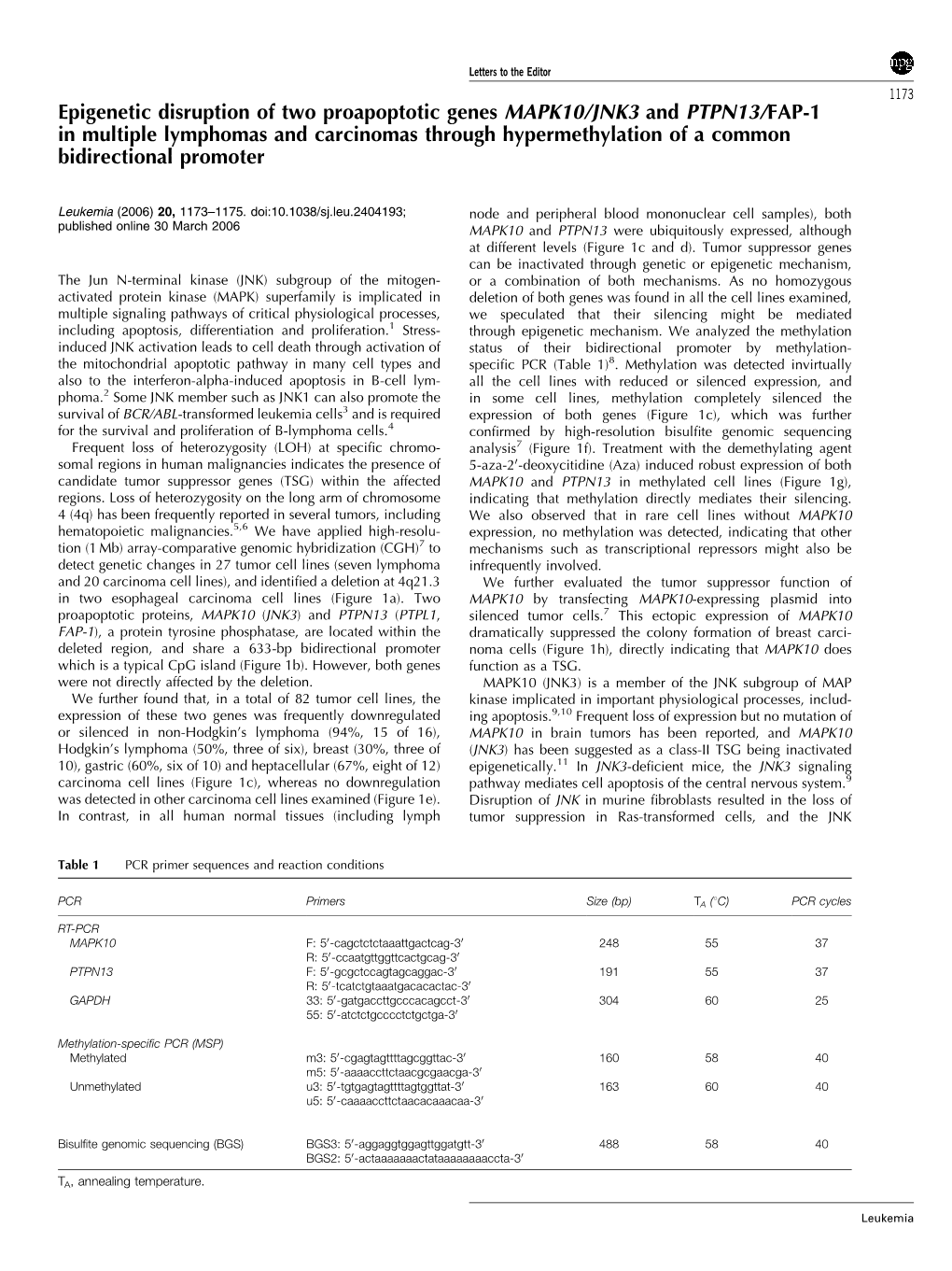 Epigenetic Disruption of Two Proapoptotic Genes MAPK10/JNK3