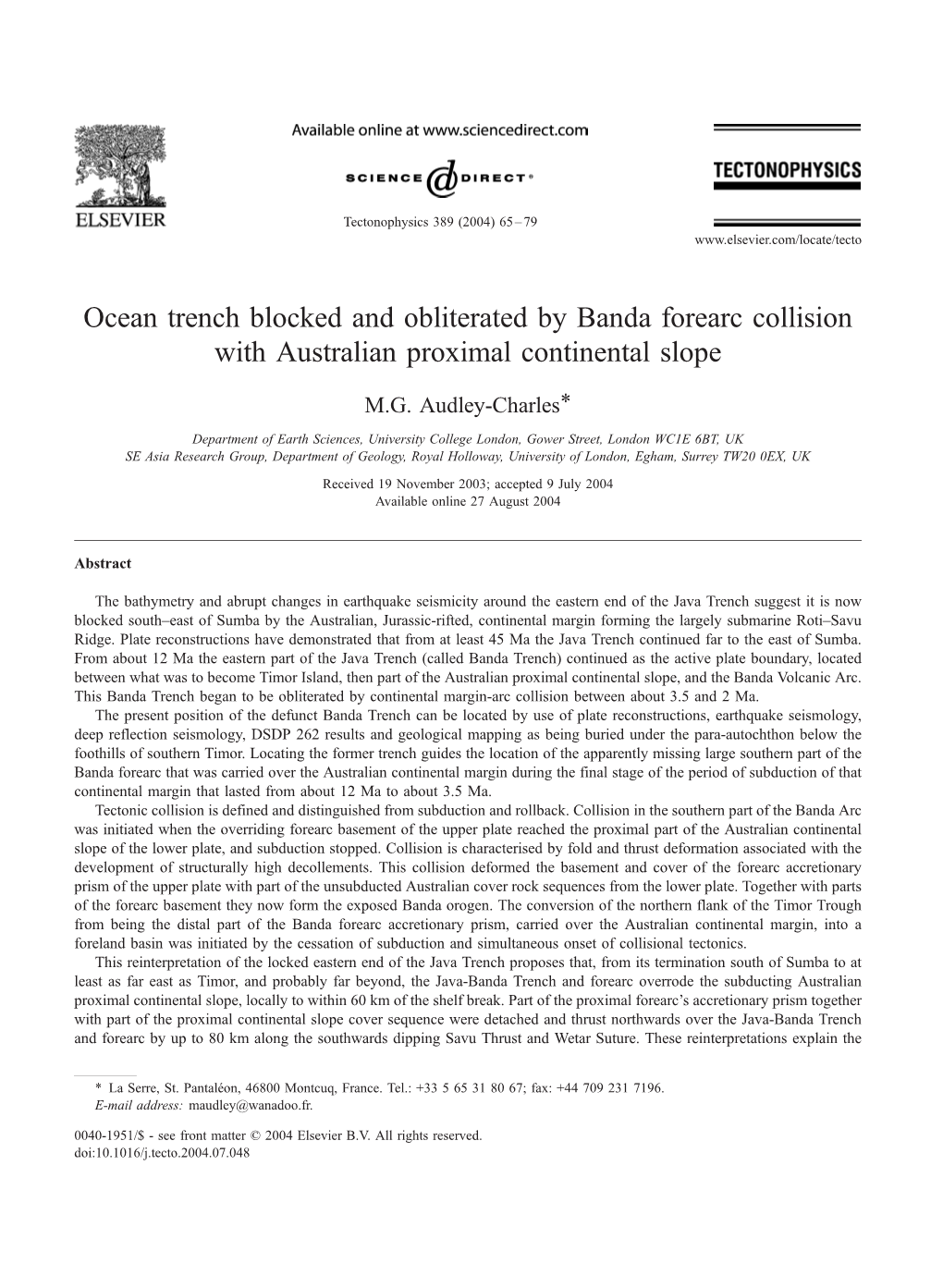 Ocean Trench Blocked and Obliterated by Banda Forearc Collision with Australian Proximal Continental Slope