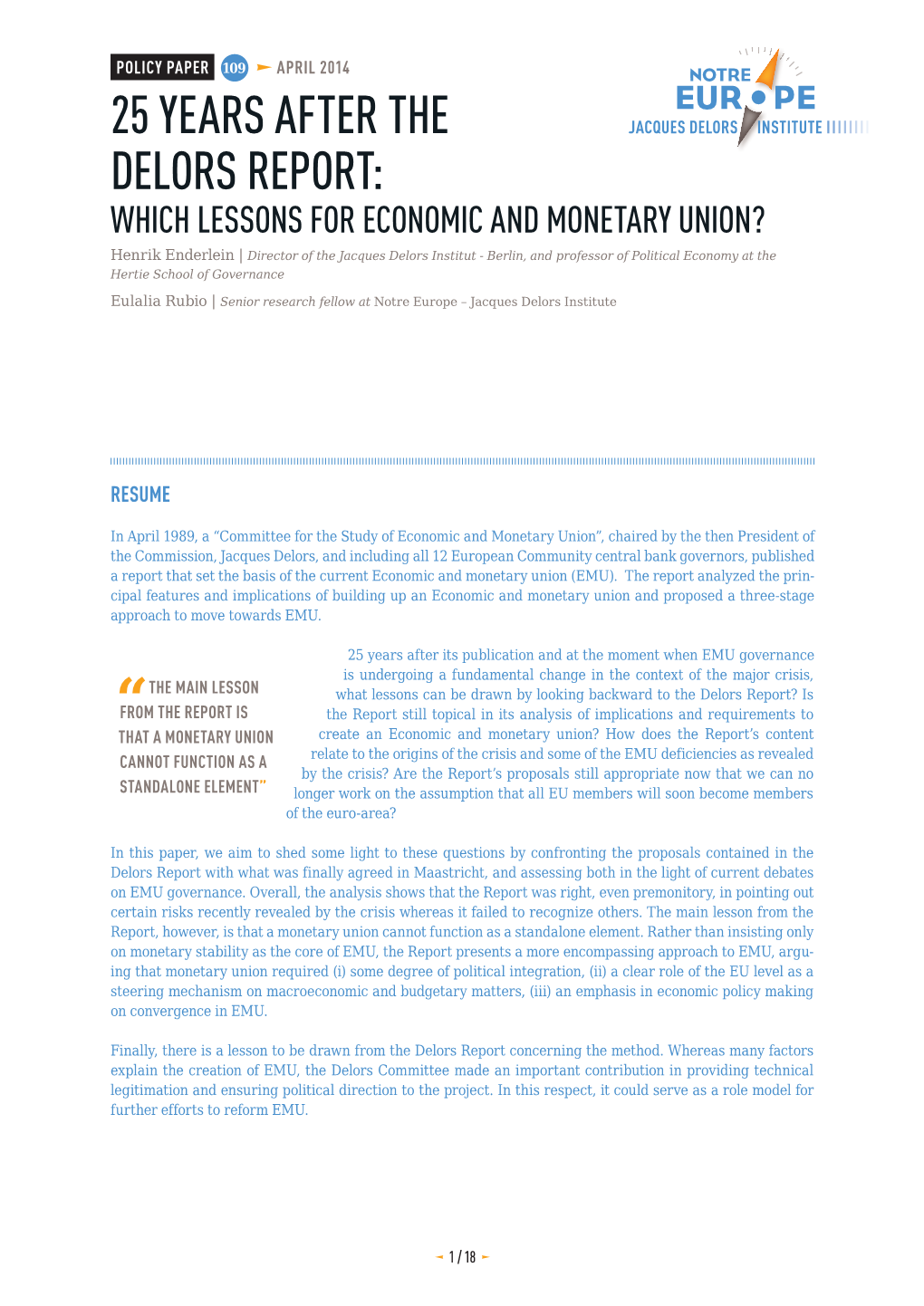 25 Years After the Delors Report: Which Lessons For