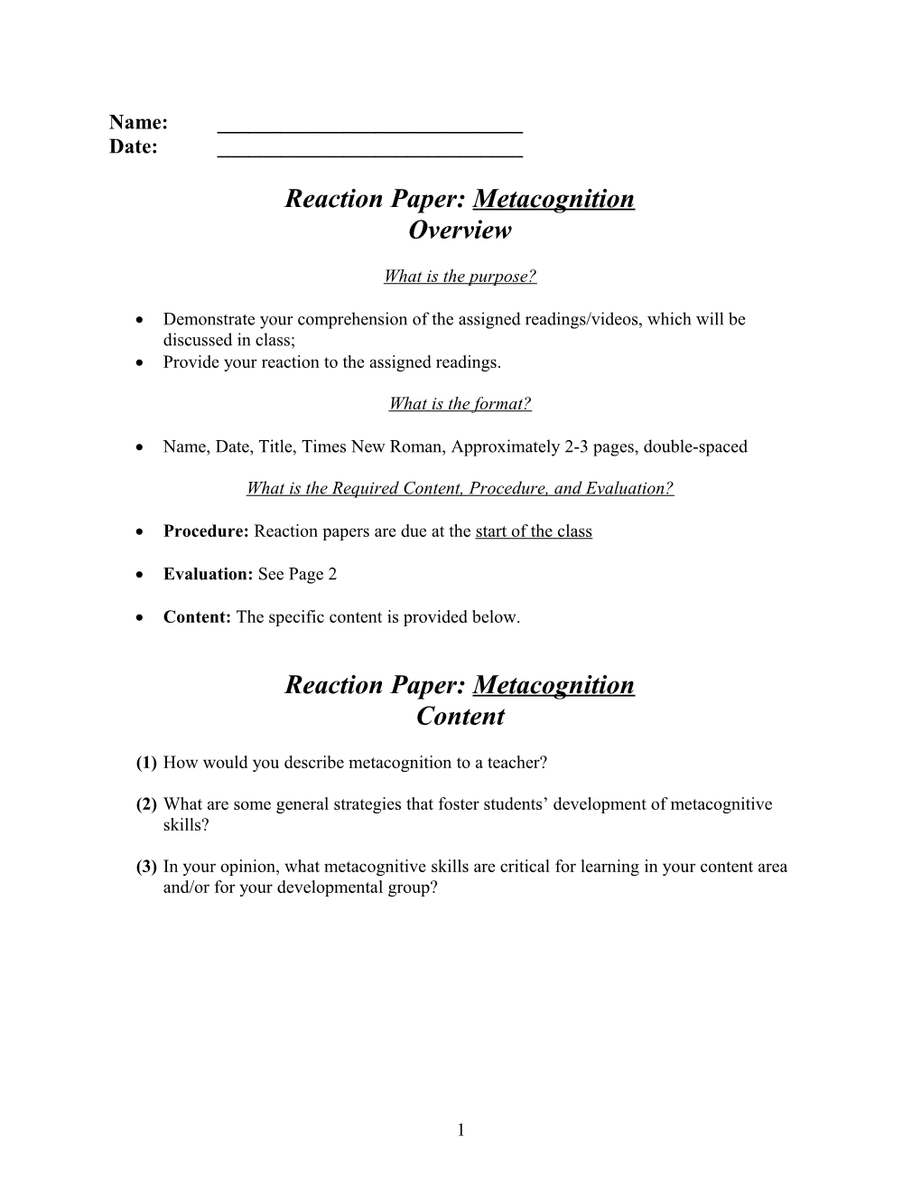 Reaction Paper Rubric