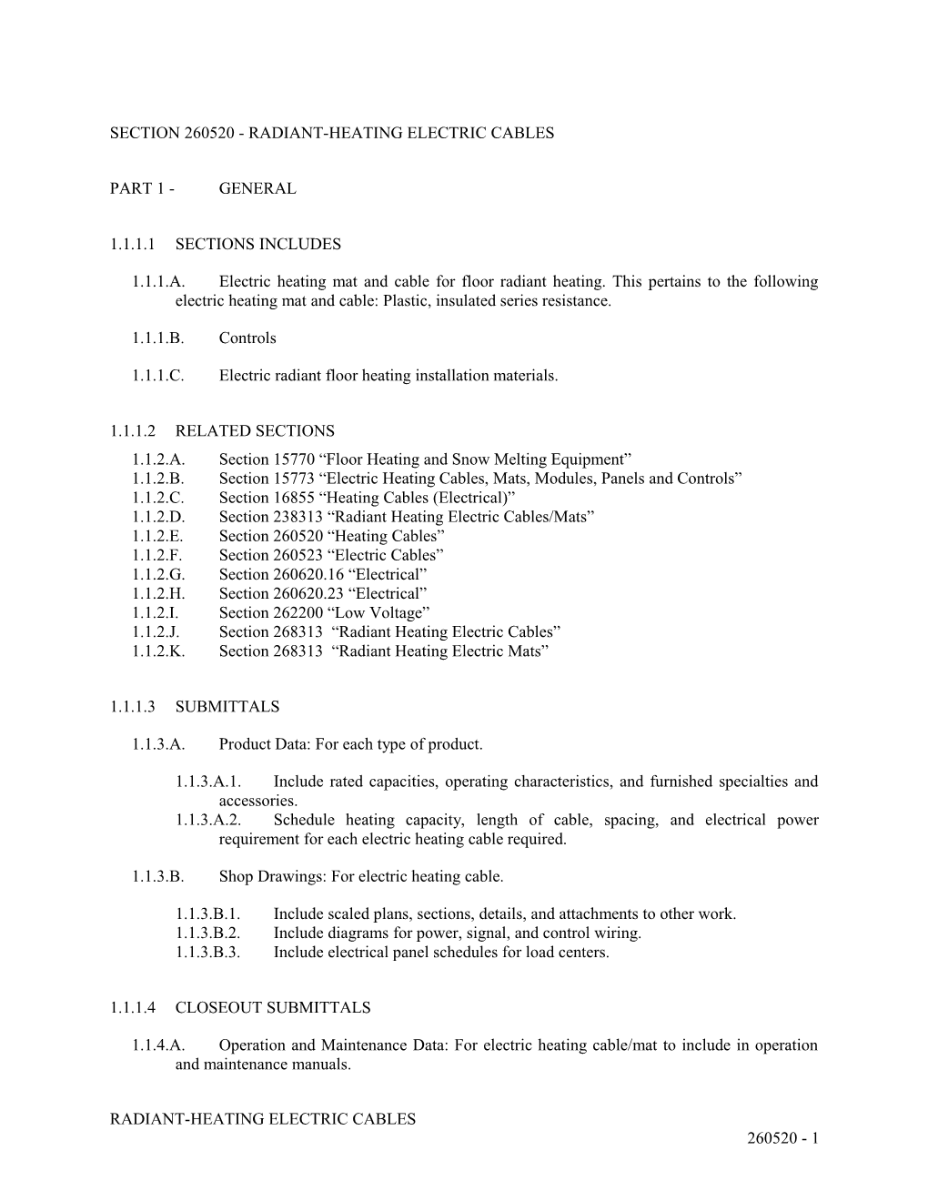 Section 260520 - Radiant-Heating Electric Cables