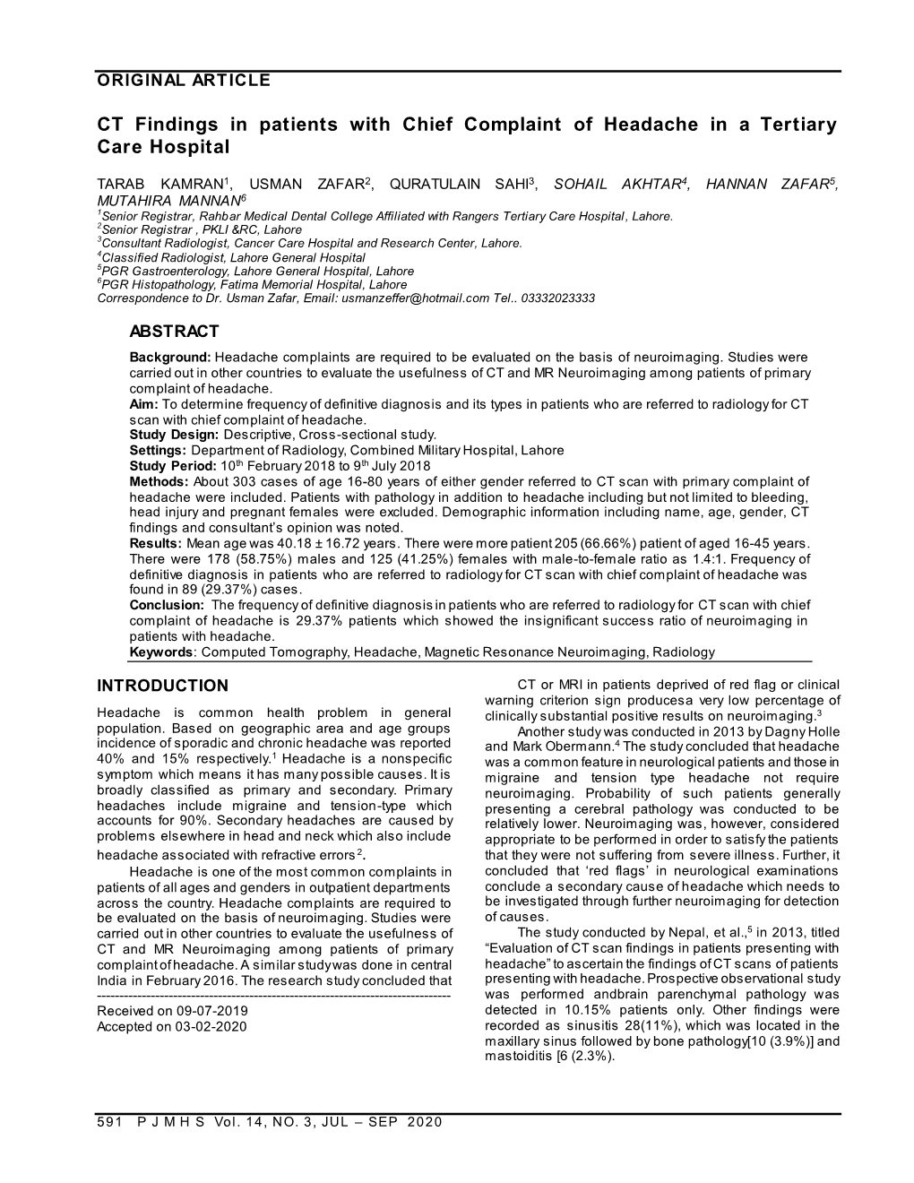 CT Findings in Patients with Chief Complaint of Headache in a Tertiary Care Hospital