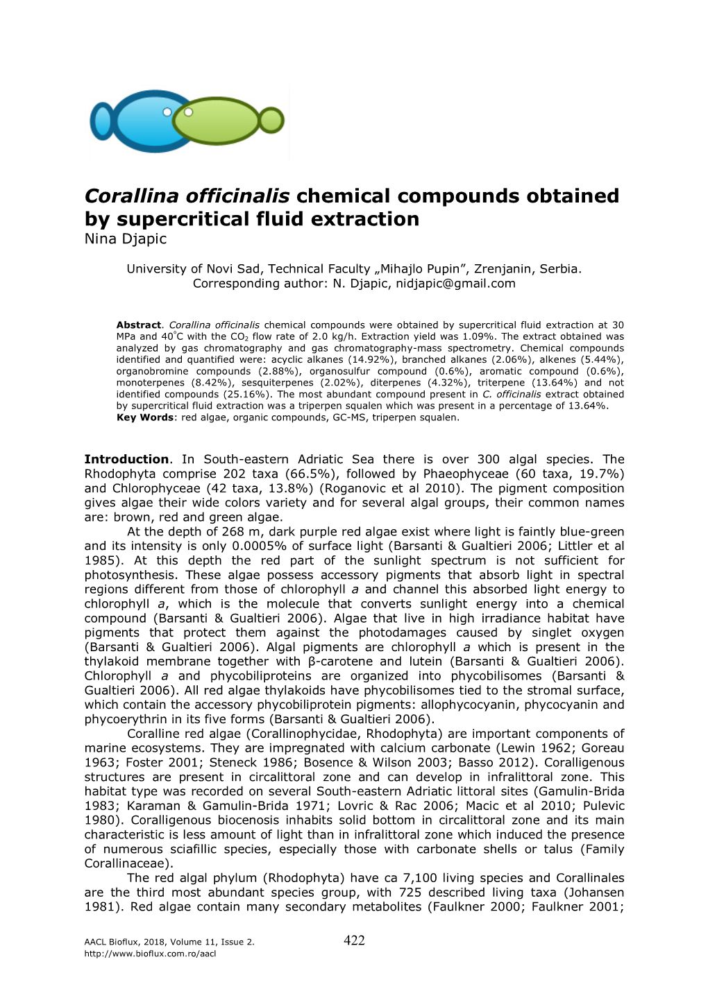 Djapic N., 2018 Corallina Officinalis Chemical Compounds Obtained by Supercritical Fluid Extraction