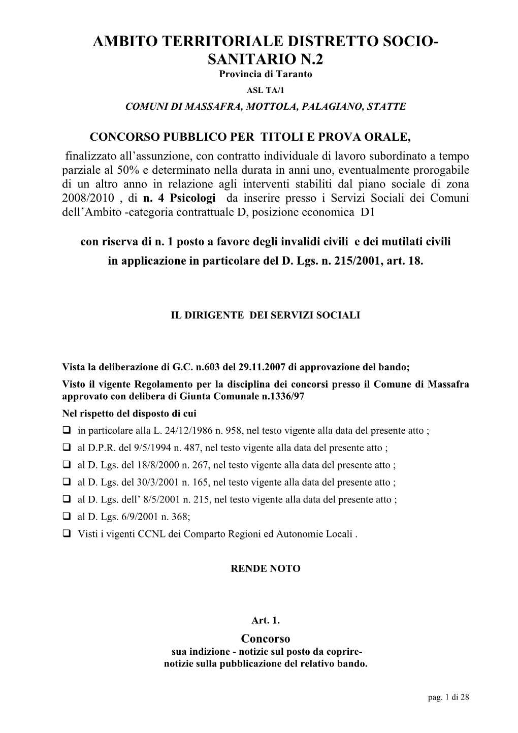 AMBITO TERRITORIALE DISTRETTO SOCIO- SANITARIO N.2 Provincia Di Taranto ASL TA/1 COMUNI DI MASSAFRA, MOTTOLA, PALAGIANO, STATTE