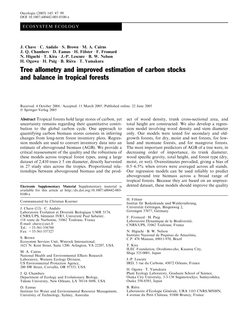 Tree Allometry and Improved Estimation of Carbon Stocks and Balance in Tropical Forests