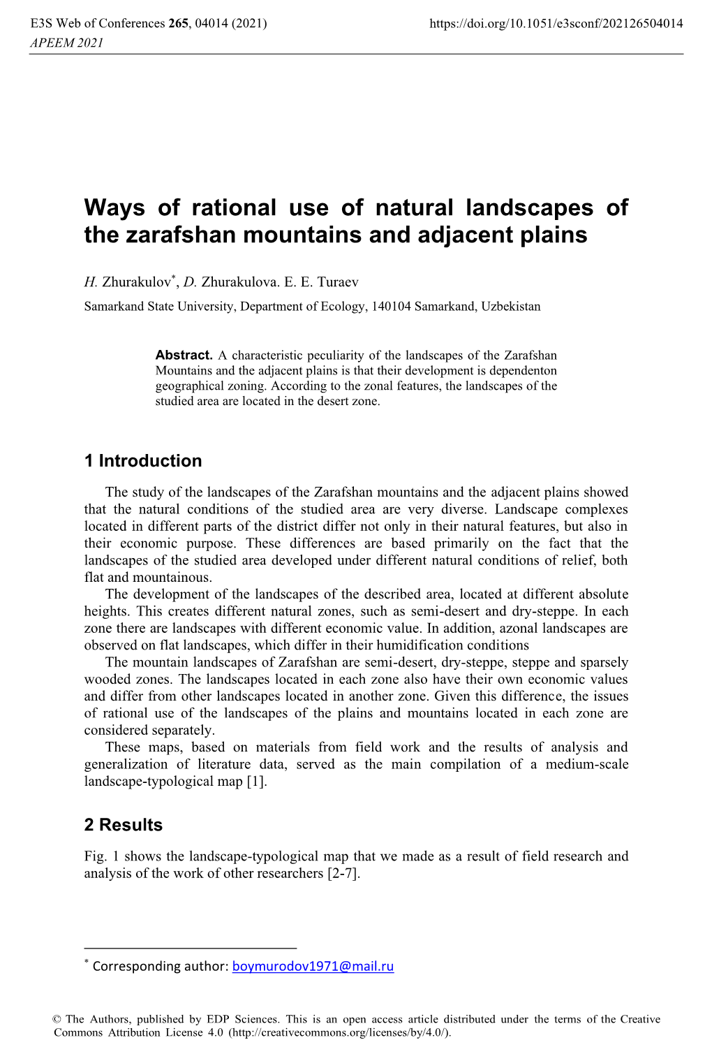 Ways of Rational Use of Natural Landscapes of the Zarafshan Mountains and Adjacent Plains