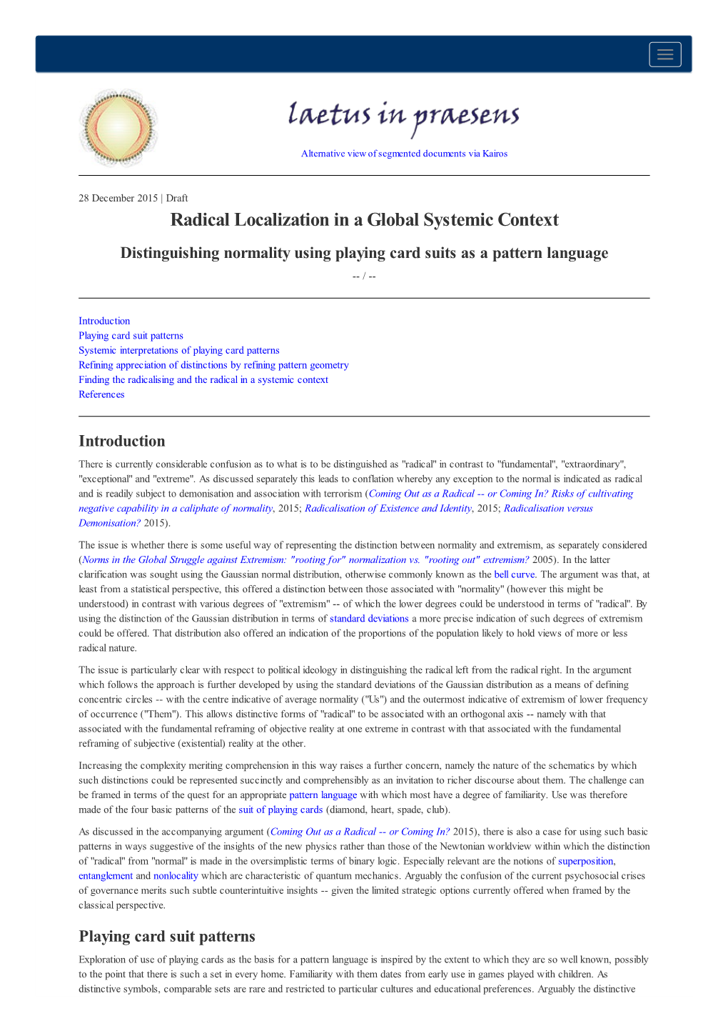 Radical Localization in a Global Systemic Context Distinguishing Normality Using Playing Card Suits As a Pattern Language -- /