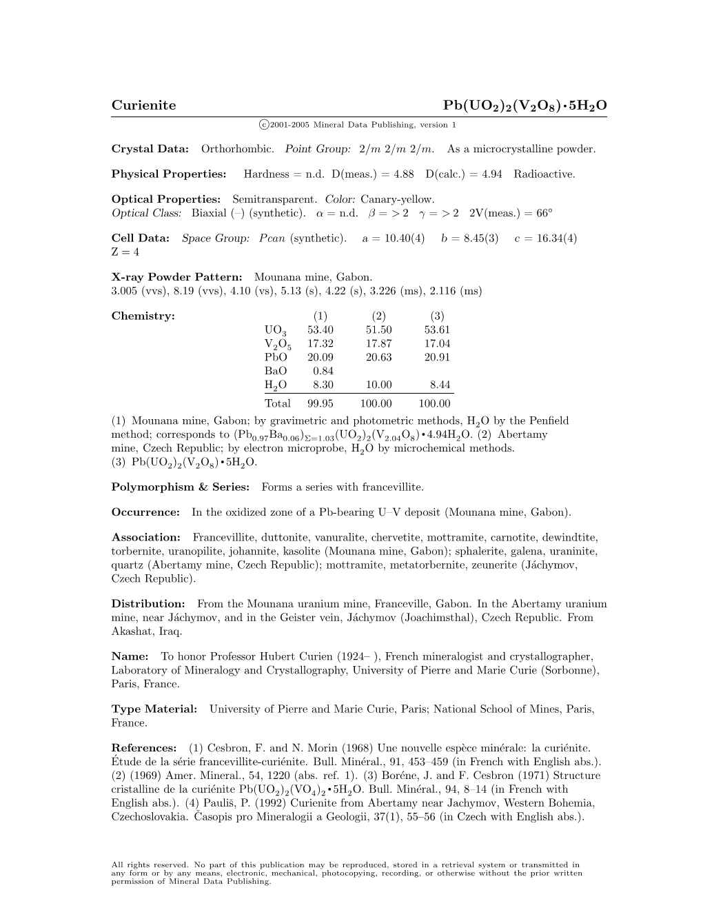 Curienite Pb(UO2)2(V2O8) • 5H2O C 2001-2005 Mineral Data Publishing, Version 1