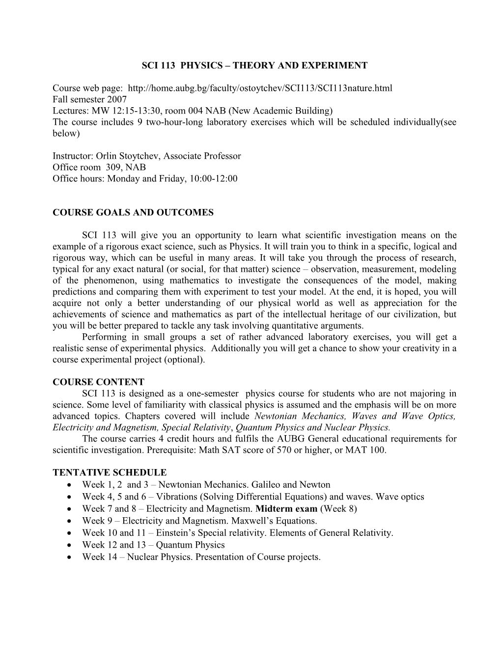 Sci 113 Physics Theory and Experiment