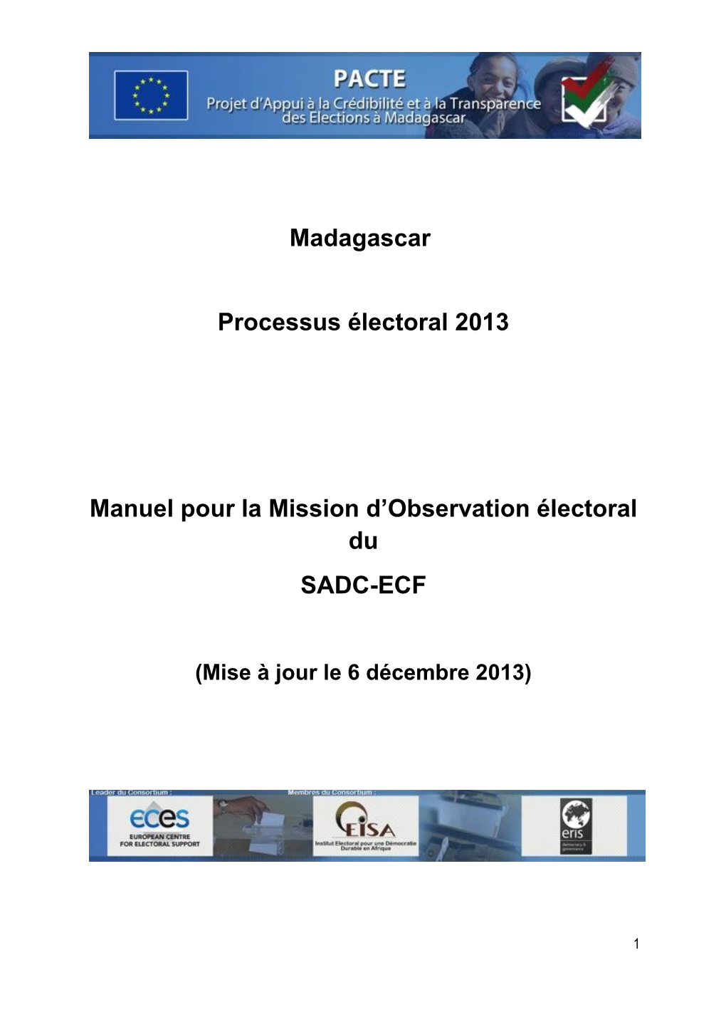 Madagascar Processus Électoral 2013 Manuel Pour La Mission D'observation Électoral Du SADC-ECF