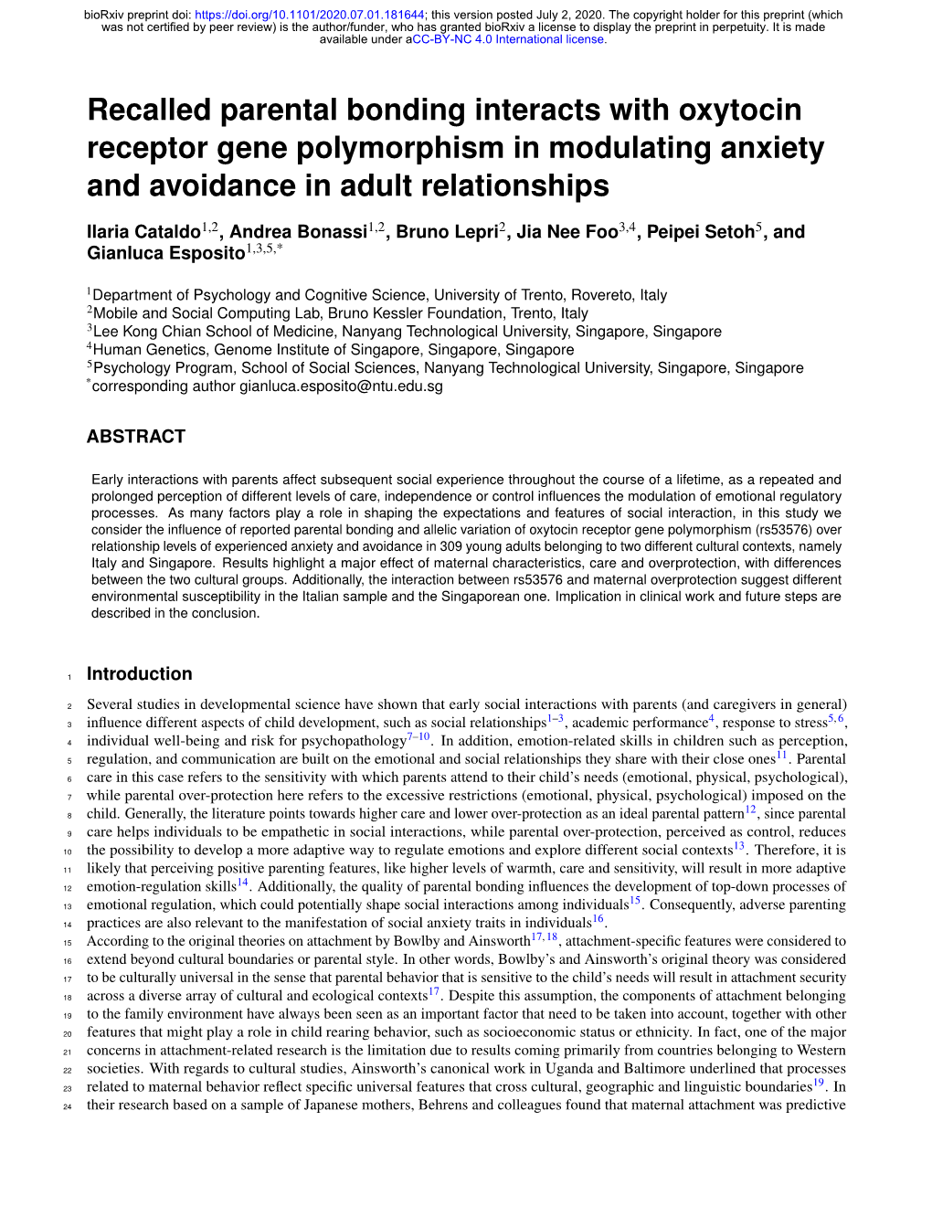 Recalled Parental Bonding Interacts with Oxytocin Receptor Gene Polymorphism in Modulating Anxiety and Avoidance in Adult Relationships