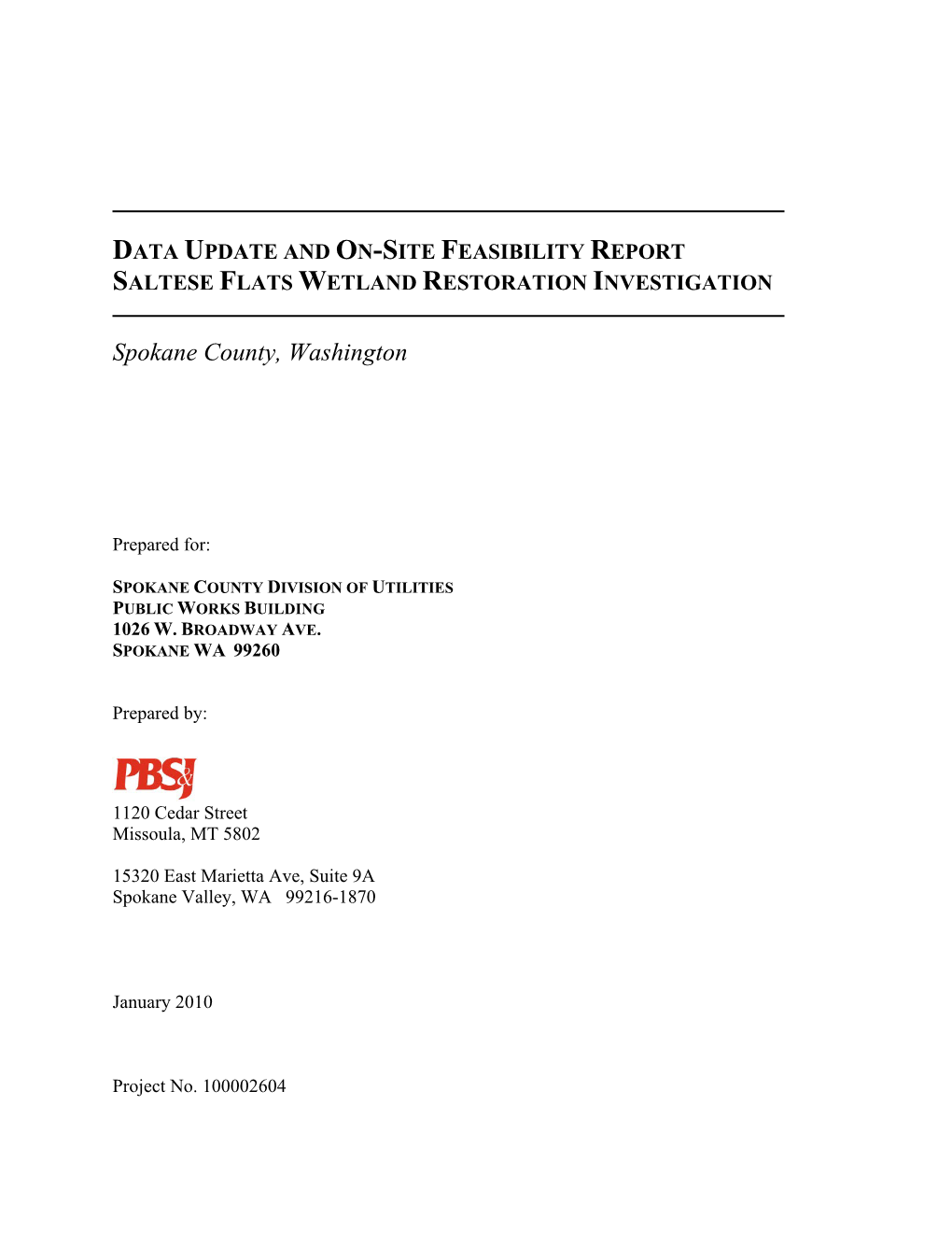 Data Update and On-Site Feasibility Report Saltese Flats Wetland